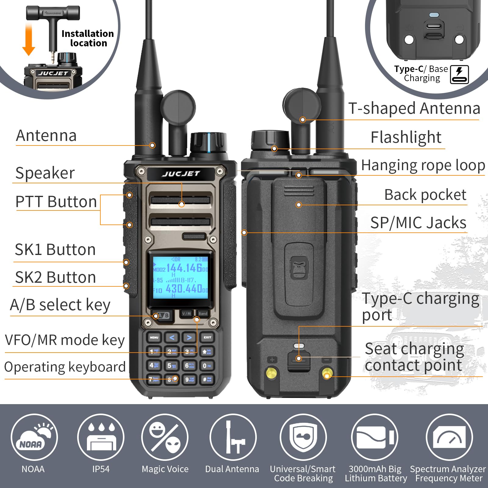 TK11(8) 999 Canali VHF/UHF Walkie Talkie, Trasceptore Portatile Ricaricabile con Grande Portata e Analizzatore Spettrale, 10W di Potenza di Uscita, NOAA, Batteria da 3000 mAh