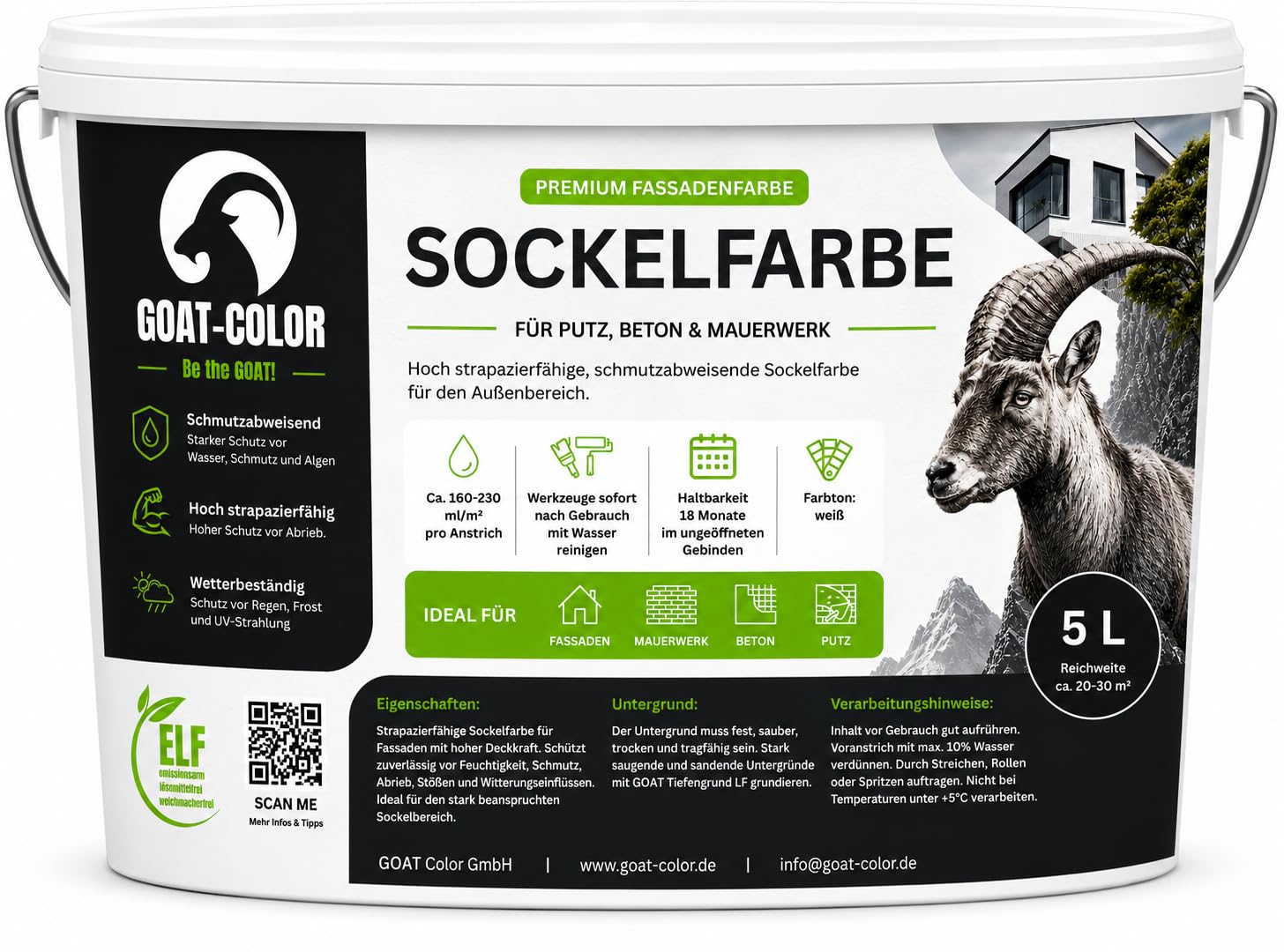 GOAT Sockelfarbe | Robust | Strapazierfähig | Abwaschbar (Anthrazit, 5 Liter)