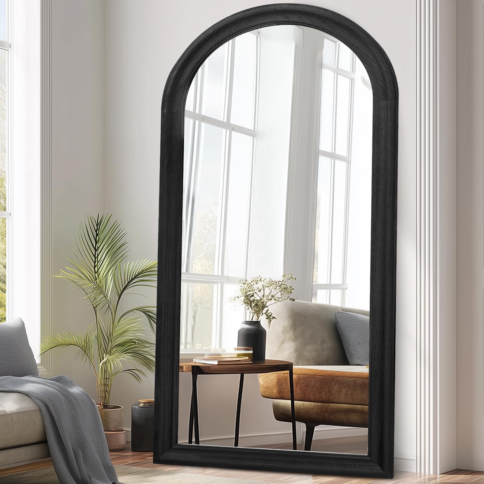 71x32 Solid Wood Arched Full Length Mirror, Elegant Black Finish