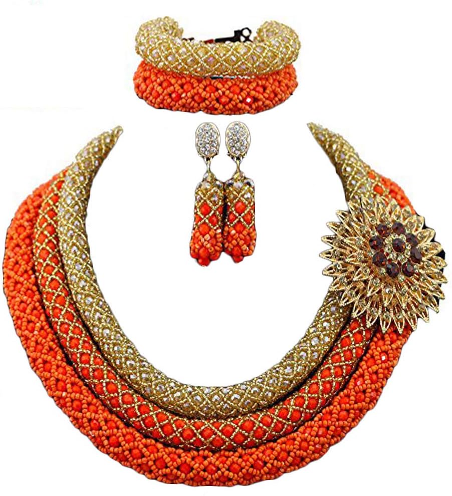 Hibeads3 Rows Handmade Nigerian African Crystal Beads Jewelry Set Costume Bridal Necklace (Gold and orange)