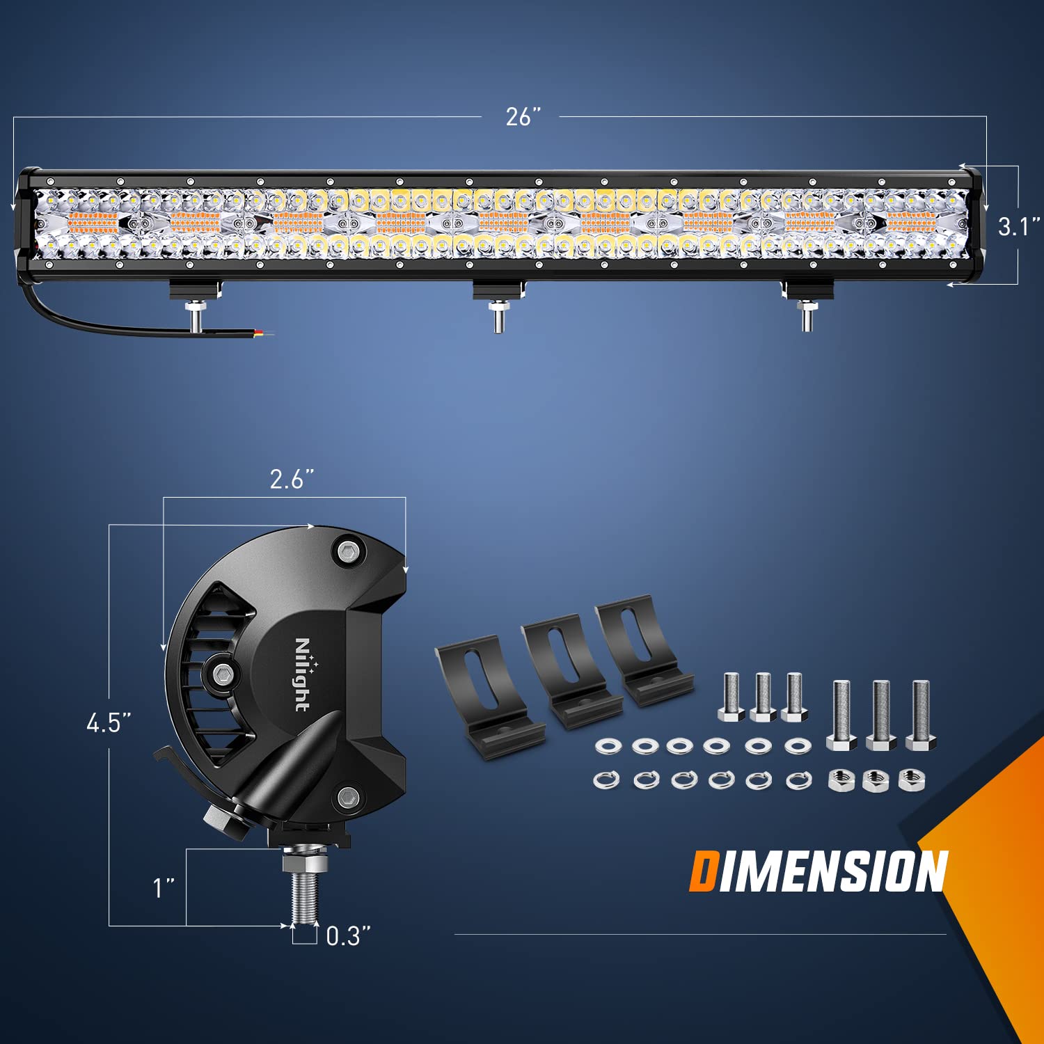 Nilight Barra luminosa a LED da 66 pollici, 540 W, luce stroboscopica bianca ambrata, 6 modalità con funzione di memoria, fuoristrada, camion, auto, ATV, SUV, cabina, barca, con kit cablaggio 16 AWG
