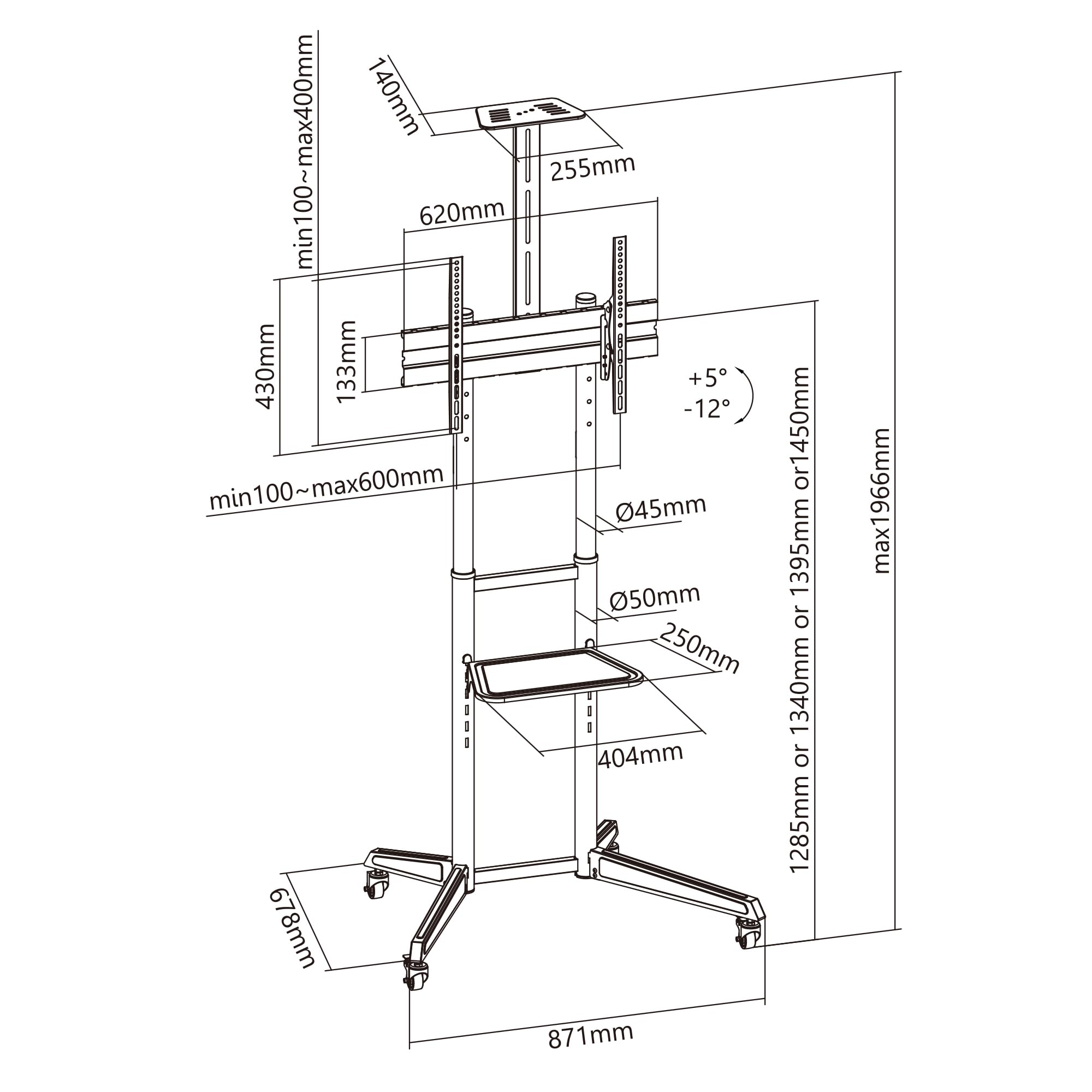 Soporte de TV de Pie con Ruedas Ewent, Carro para Televisores de 37-70" Máx.50kg, Soporte de TV Ajustable, Inclinable y Móvil,Máx. VESA 600x400mm, Gestión de Cables, con Estante y Base para Habitación