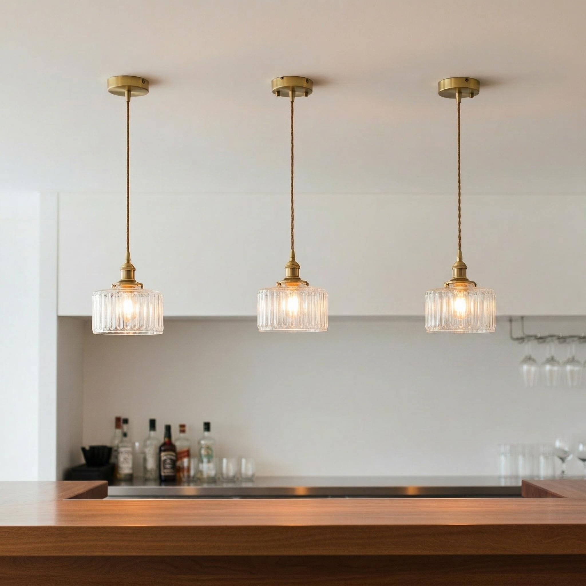 Luminaire Suspension Industriel Vintage en Verre Clair, Douille E27 en Laiton avec Interrupteur, Lampe Suspendu Réglable en Hauteur, Lustre pour Cuisine, Chambre, Salle à Mange