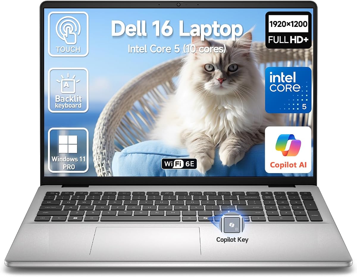 2026 Dell 16 Touchscreen Laptop Computer, 16" FHD+ Touch Screen Business Laptop, Windows 11 Pro, Intel Core 5 (10-Cores, Beat i7-1355U), 16GB DDR5 1TB SSD, Backlit 10-Key, Wi-Fi 6E, Copilot Key