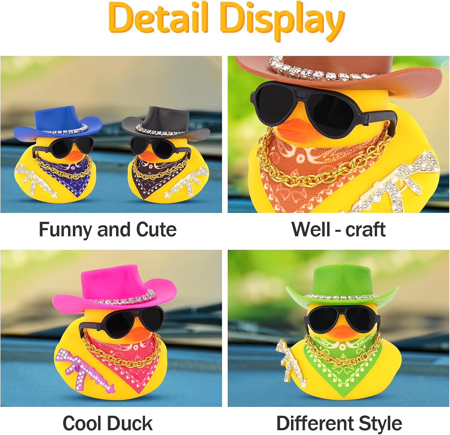 wonuu Rubber Duck Car Ornaments Duck Car Dashboard Decorations for Cool car Accessories with Diamond Cowboy Hat, Black