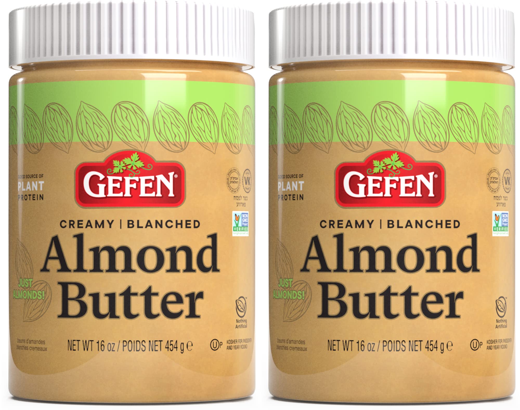 Gefen Pure Blanched Almond Butter, 16oz (2 Pack) | Non GMO | Rich, Smooth & Creamy Texture | No Salt or Sugar Added | Gluten Free | Vegan | Paleo | Keto | Product of USA | Kosher (Including Pasover)