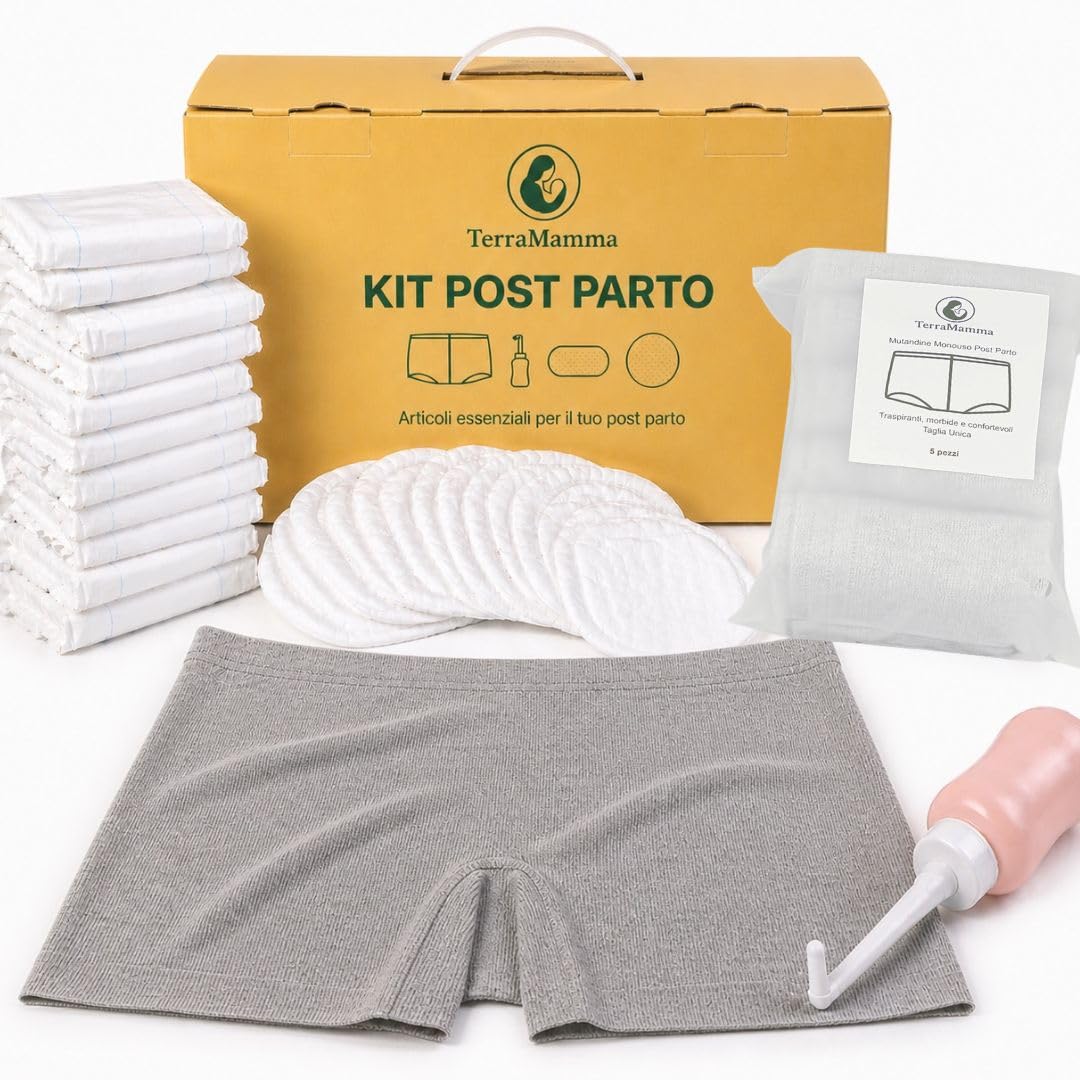 Kit Post Parto TerraMamma – Borsa Ospedale Mamma con Mutandine Monouso, Assorbenti, Coppette Assorbilatte e Bottiglia Perineale | Postpartum Recovery Kit for Mom