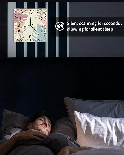 Miniatura 6 de Reloj de pared de madera bohemio con flores, silencioso, sin tictac, geométrico simple, botánico, floral, cuadrado, funciona con pilas, reloj