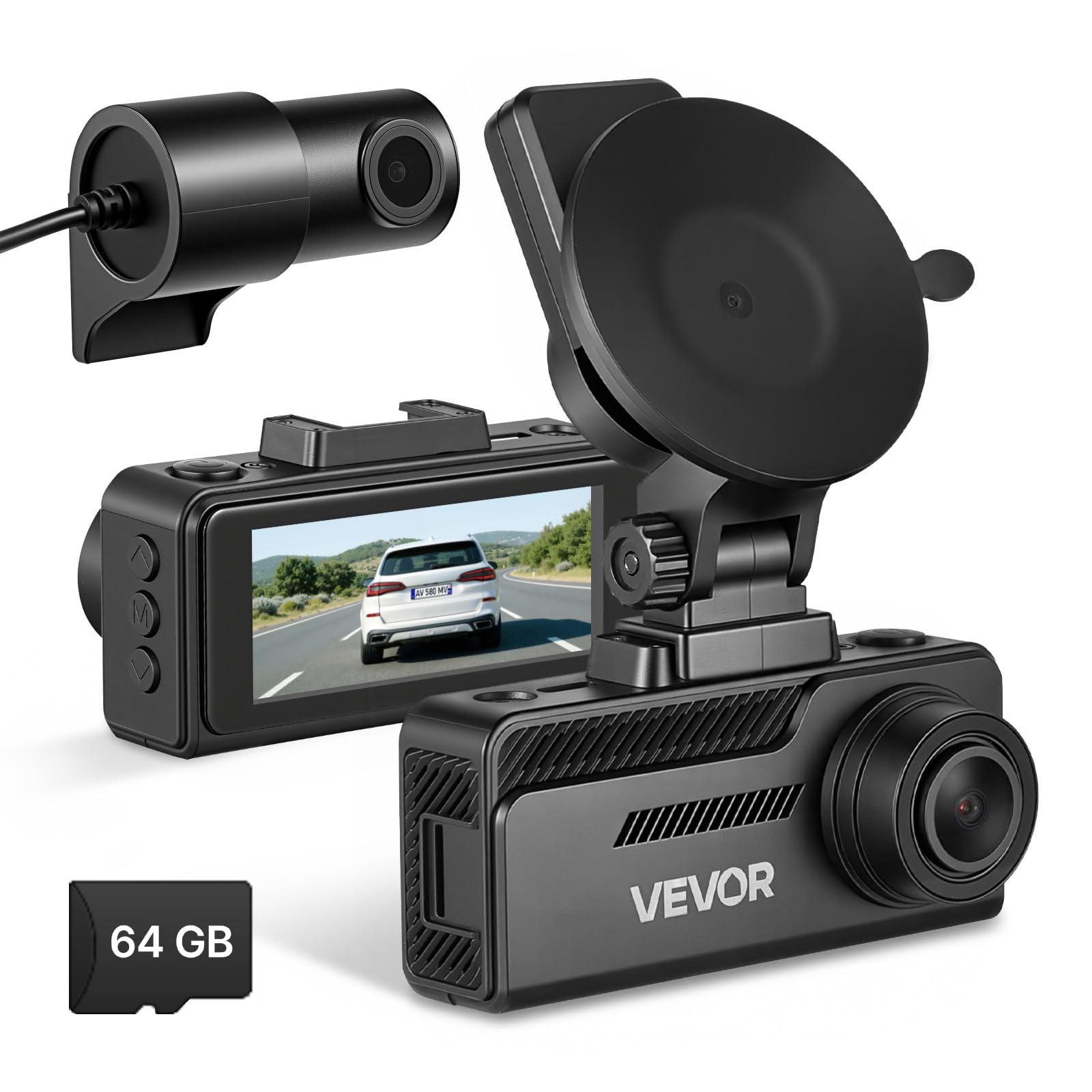VEVOR Cámara de Salpicadero para Coche con Ventosa, Dashcam Frontal y Trasera 4K+1080P, con Tarjeta de 64 GB, GPS Integrado, Sensor G, Ángulo de Visión Frontal 129° y Trasero 125°, Grabación en Bucle