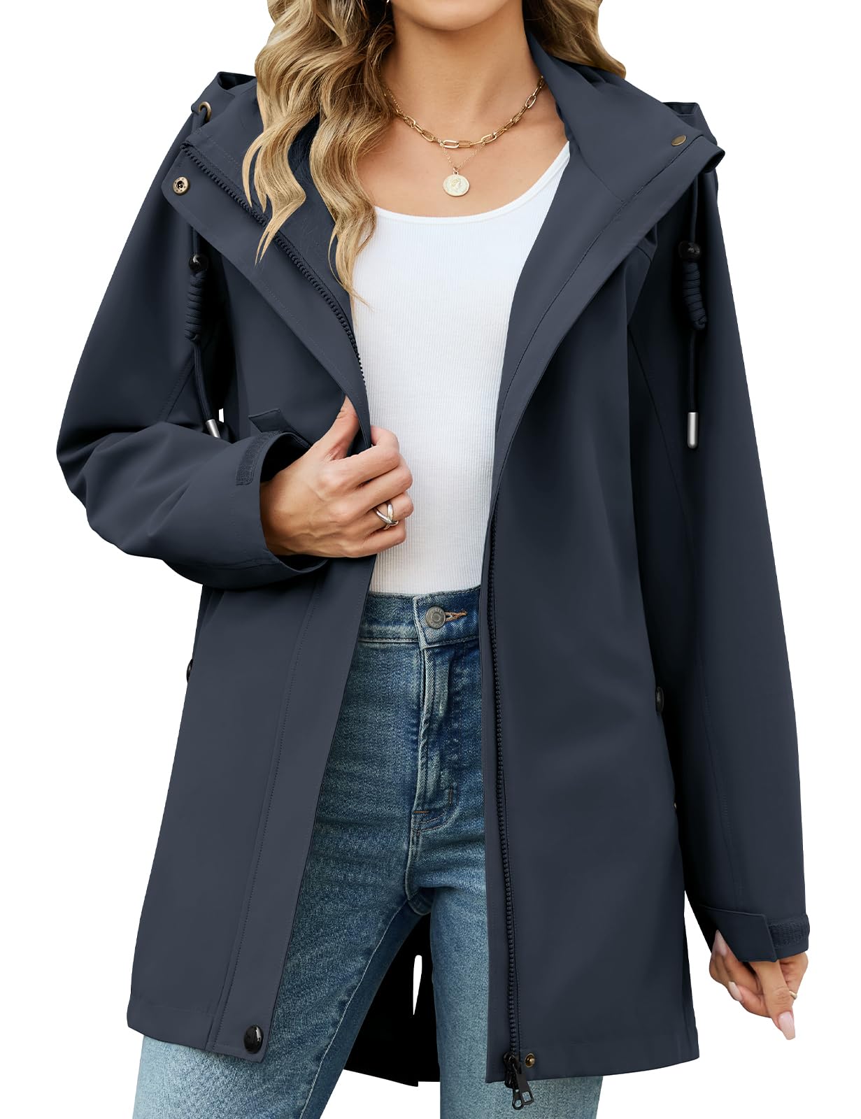 CMTOP Jacke Damen Lang Wasserdicht Winddicht Parka Reißverschlusstasche Übergangsjacke Abnehmbare Kapuze Softshelljacke Windbreaker Leicht Regenjacke für Frühling Sommer Herbst