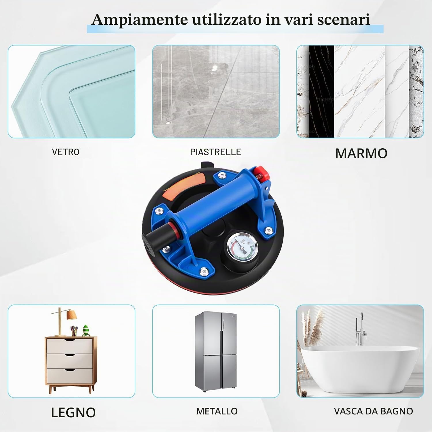 2 Pezzi 8" Ventosa per Piastrelle con Barometro, Ventose per Vetro i Carico Max. 200 kg, Ventose Capacitàdi con Cassetta Attrezzi Portatile, Ventose Professionali per Vetro, Piastrelle, Marmo