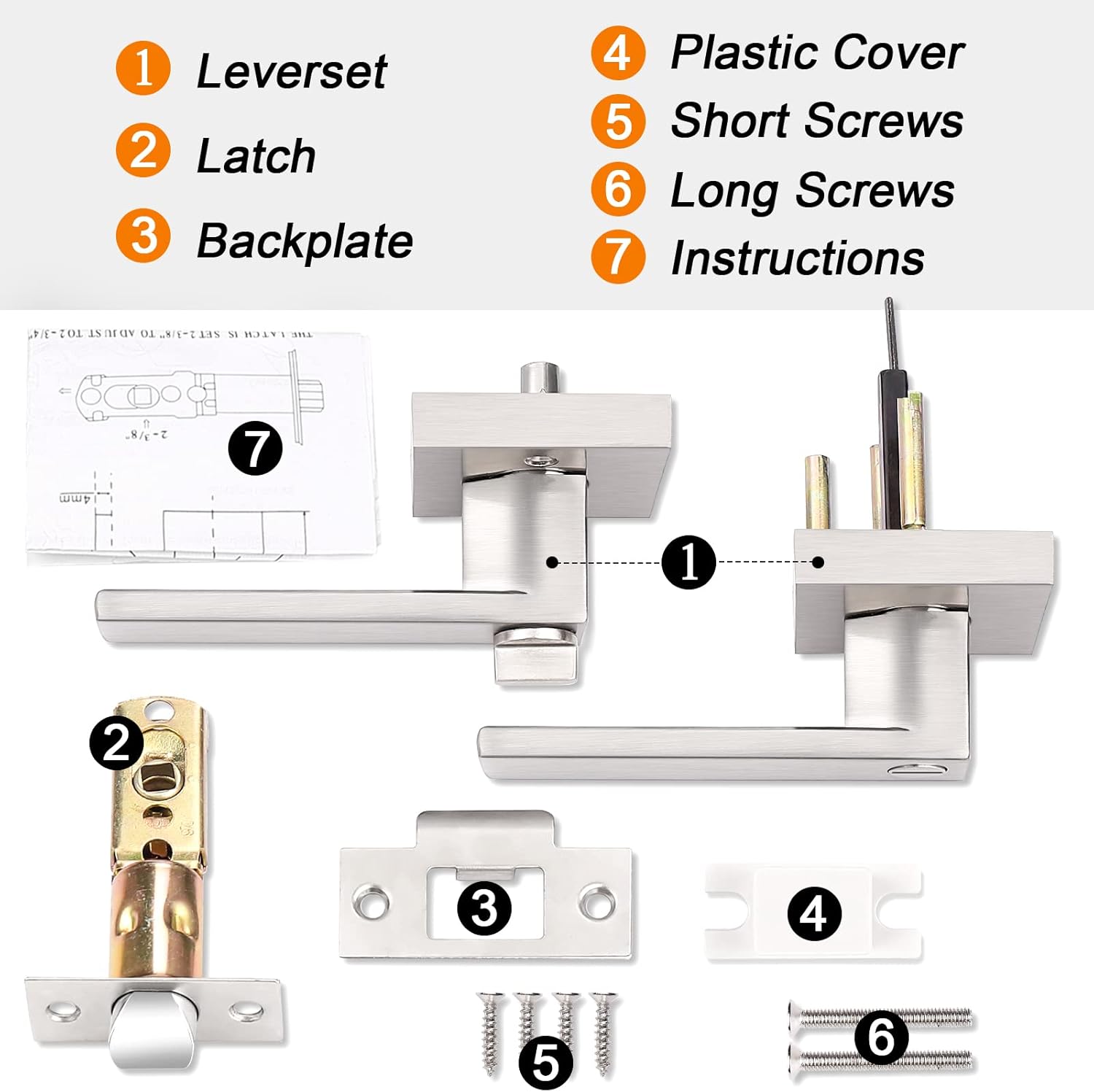 Probrico Interior Brushed Nickel Door Handle, Heavy Duty, Flat Square Privacy Door Handles, Keyless Door Levers Lockset for Bedroom and Bathroom (8 Pack, Modern)