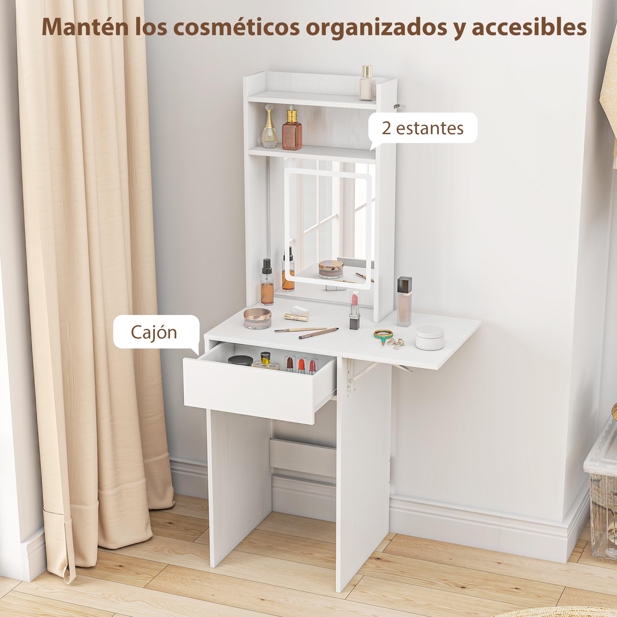 HOMCOM Tocador de Maquillaje con Luces LED de Color Ajustable en 3 Tonos y Espejo Tocador Pequeño Moderno con Lateral Abatible Cajón Compartimentos Abiertos para Espacios Pequeños Blanco