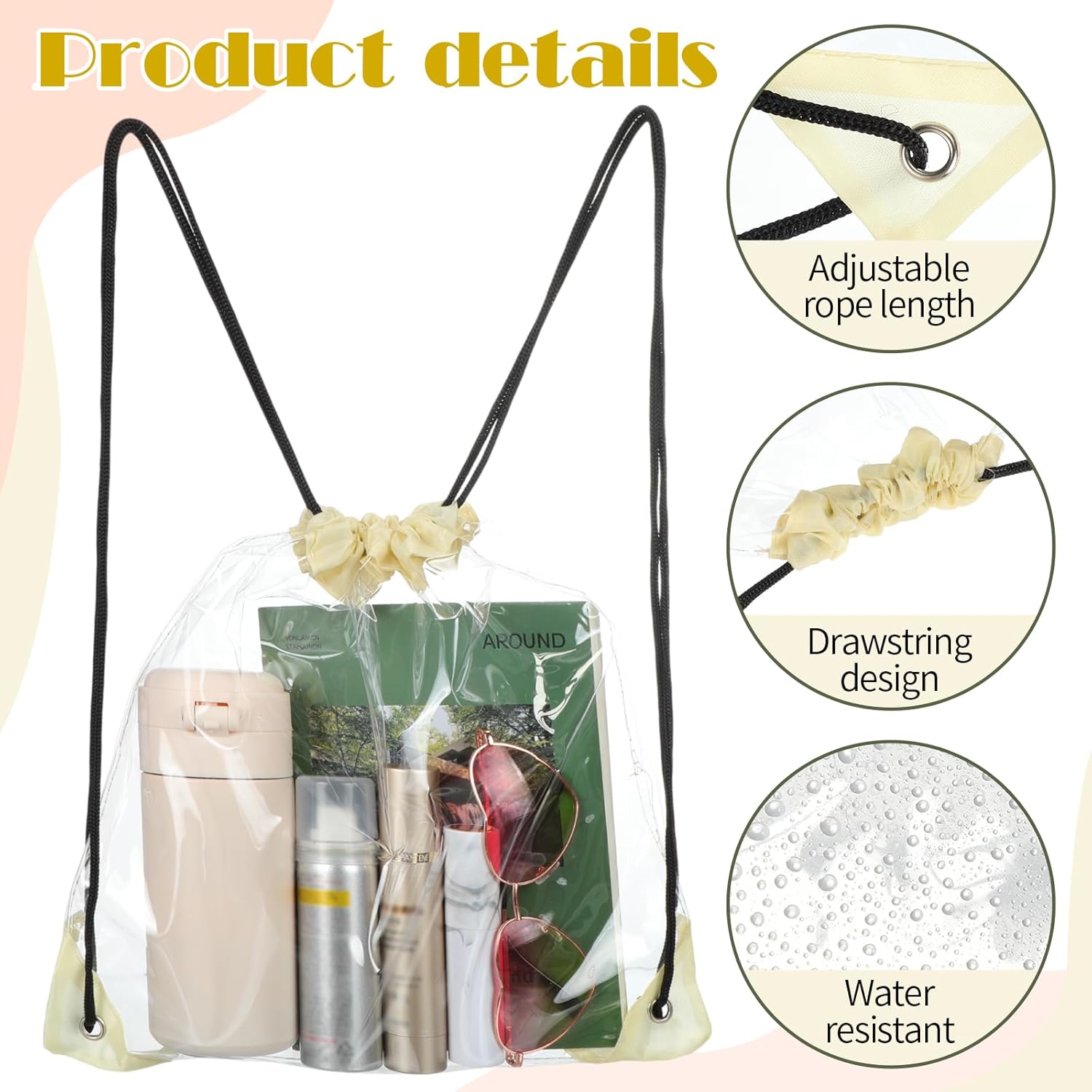 Shappy 30 Pcs Clear Drawstring Backpack, Plastic Waterproof Transparent Stadium Bags String Bag for Gym Travel (Beige) - Image 3
