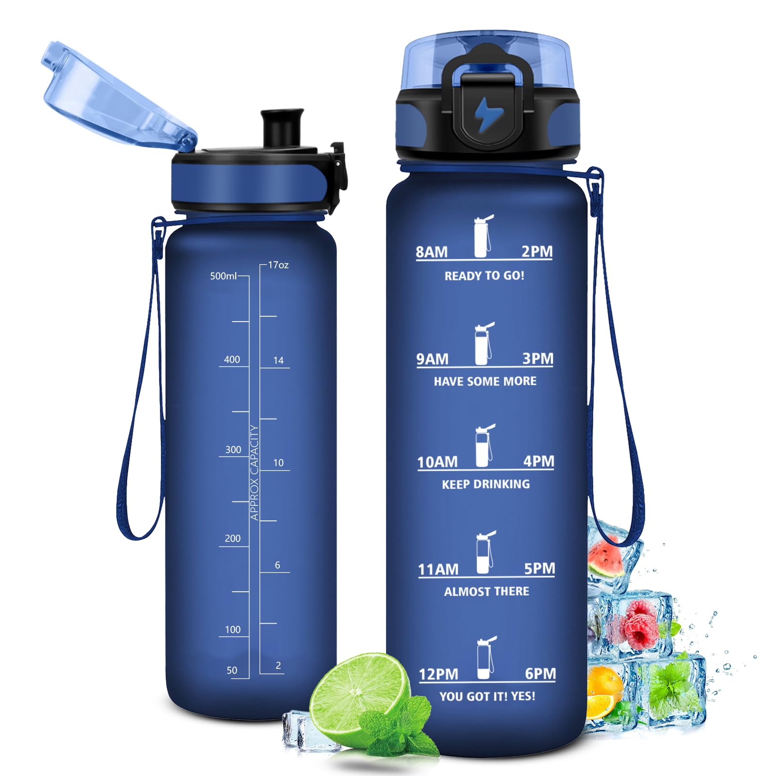 KollyKolla Children's Carbonated Drinking Bottle, 500 ml, Sports Water Bottle with Time Marking, Leak-Proof Water Bottle, Suitable for Children, Bicycle, School, Girls, Boys
