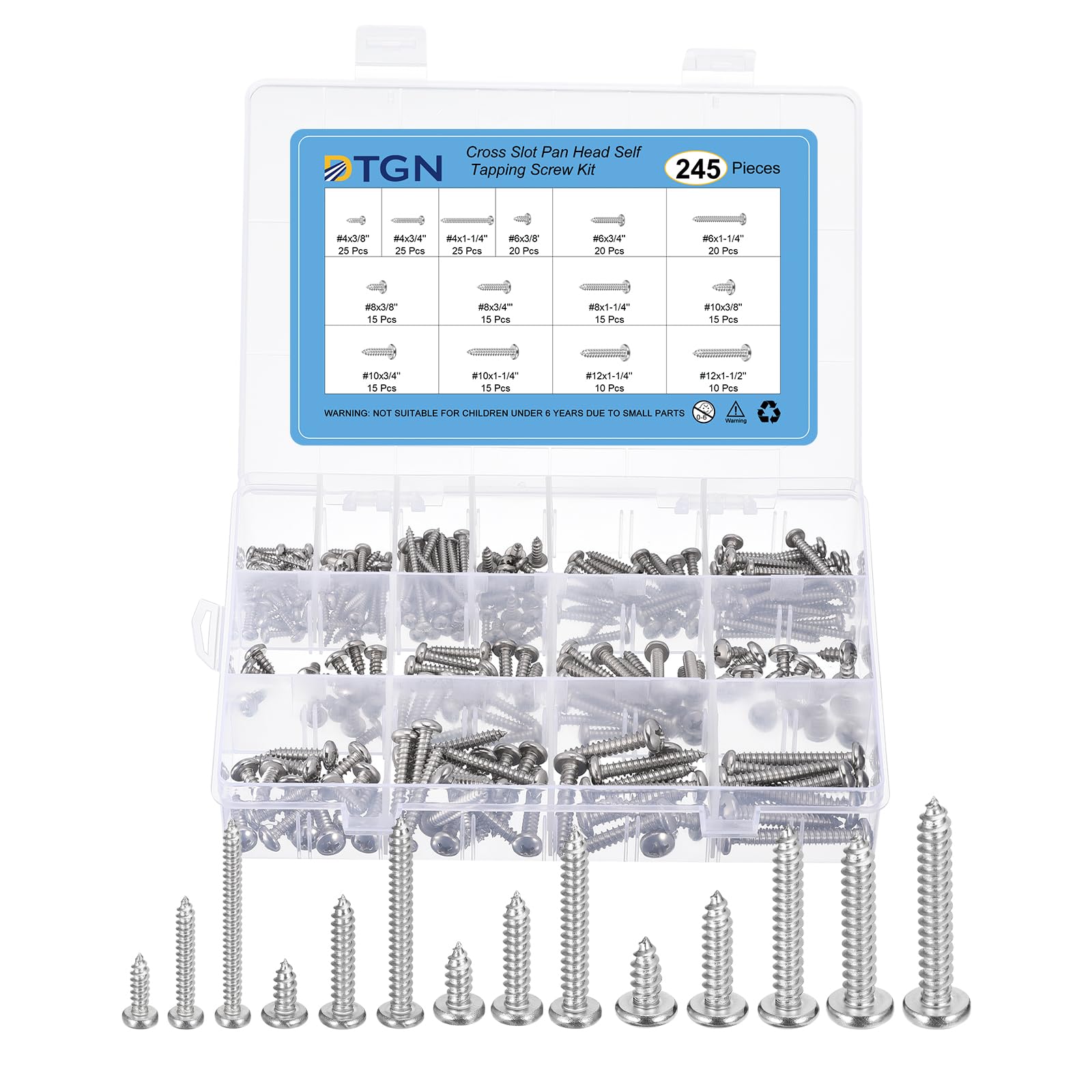 DTGN 304 Stainless Steel Pan Head Self Tapping Screws Wood Screws Assortment Kit