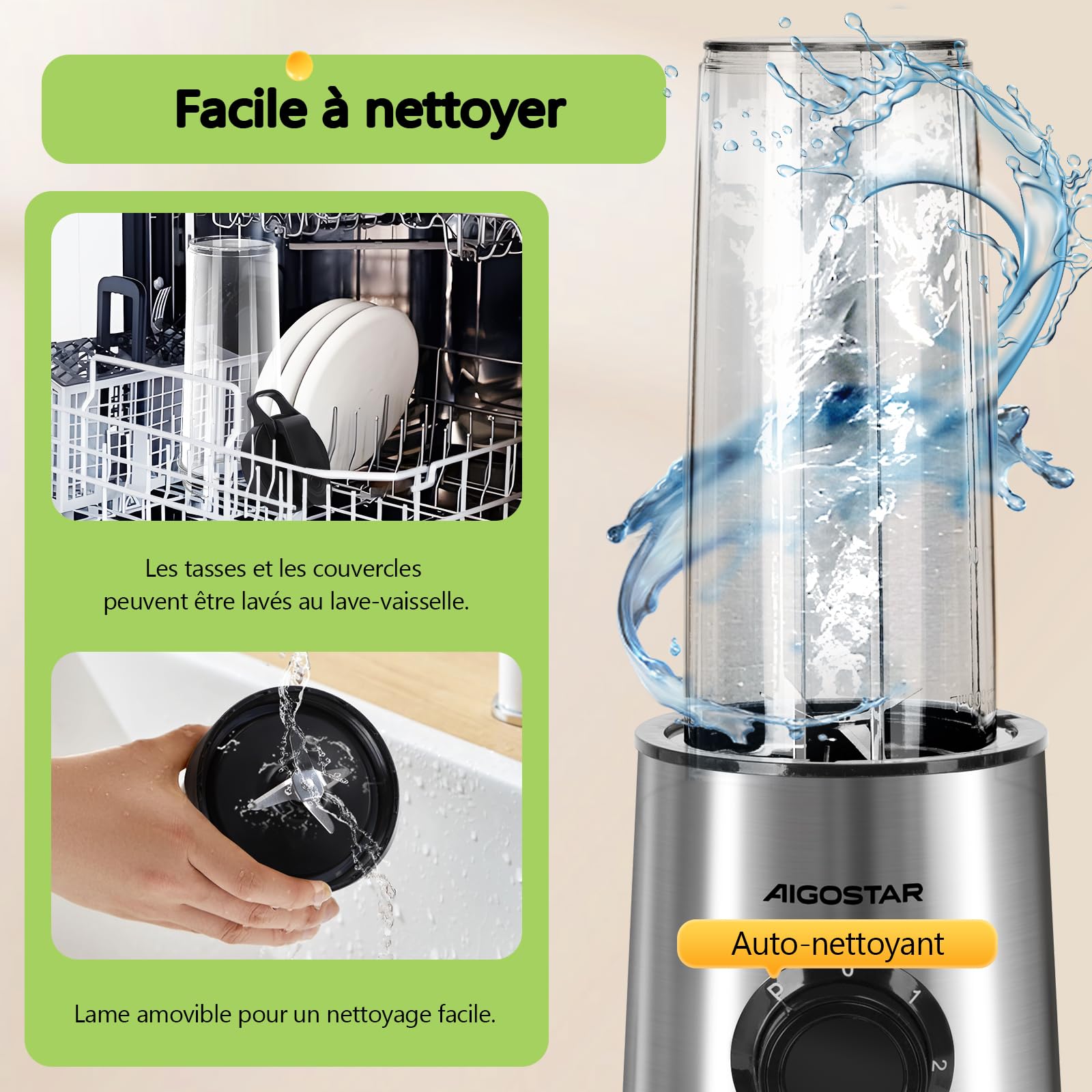 Aigostar Blender Portable, Mixeur Blender avec 2 Bouteilles Portables de 800ml, pour Smoothie Milk-shake Fruits, Puissant 600W. Sans BPA. avec Couvercle pour Maison, Camping et Voyage.
