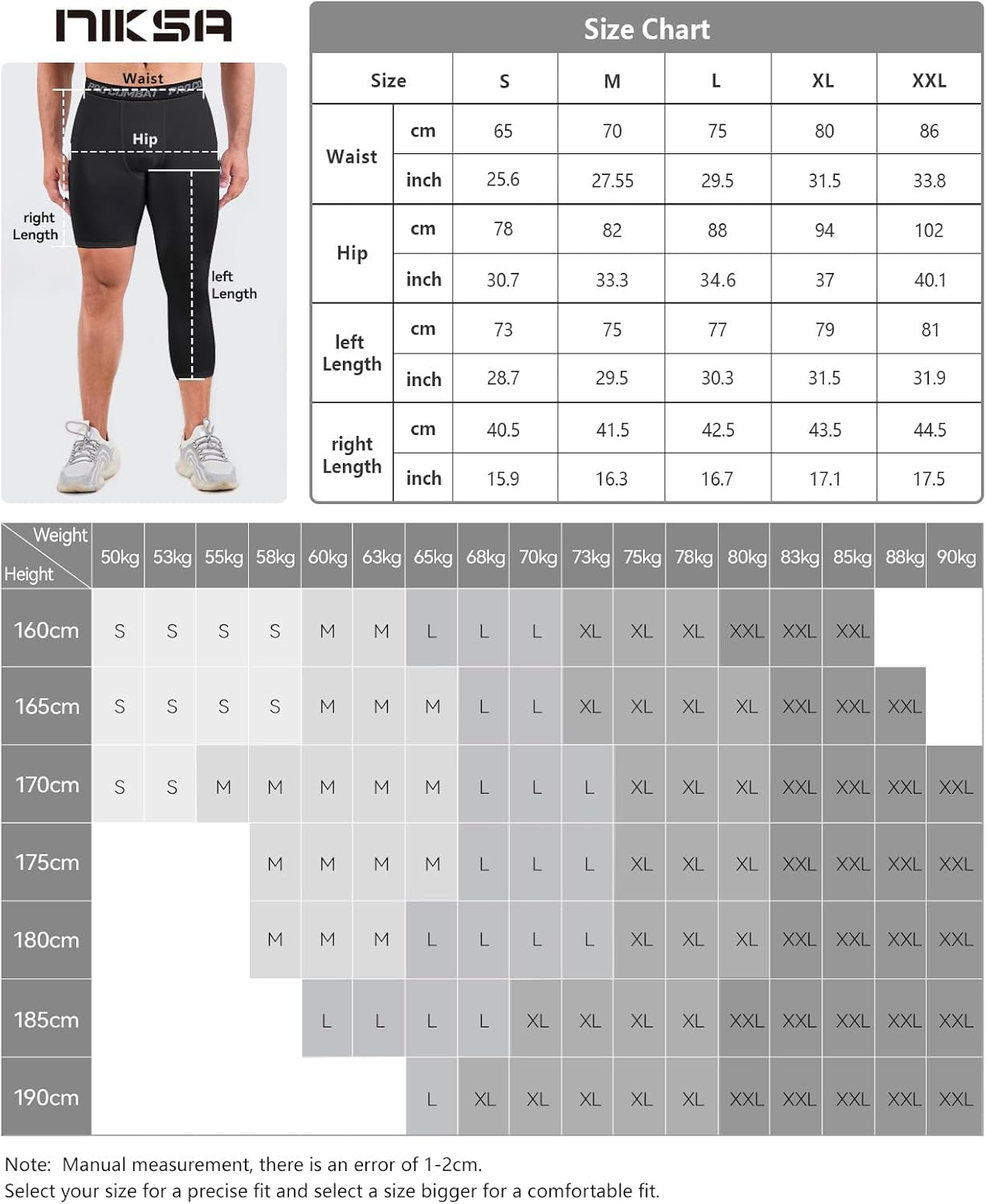 Niksa 1/2 Pack Men's Compression Pants, 3/4 One Leg Compression Tights Men Basketball Leg Sleeve Athletic Base Layer Leggings - Image 6
