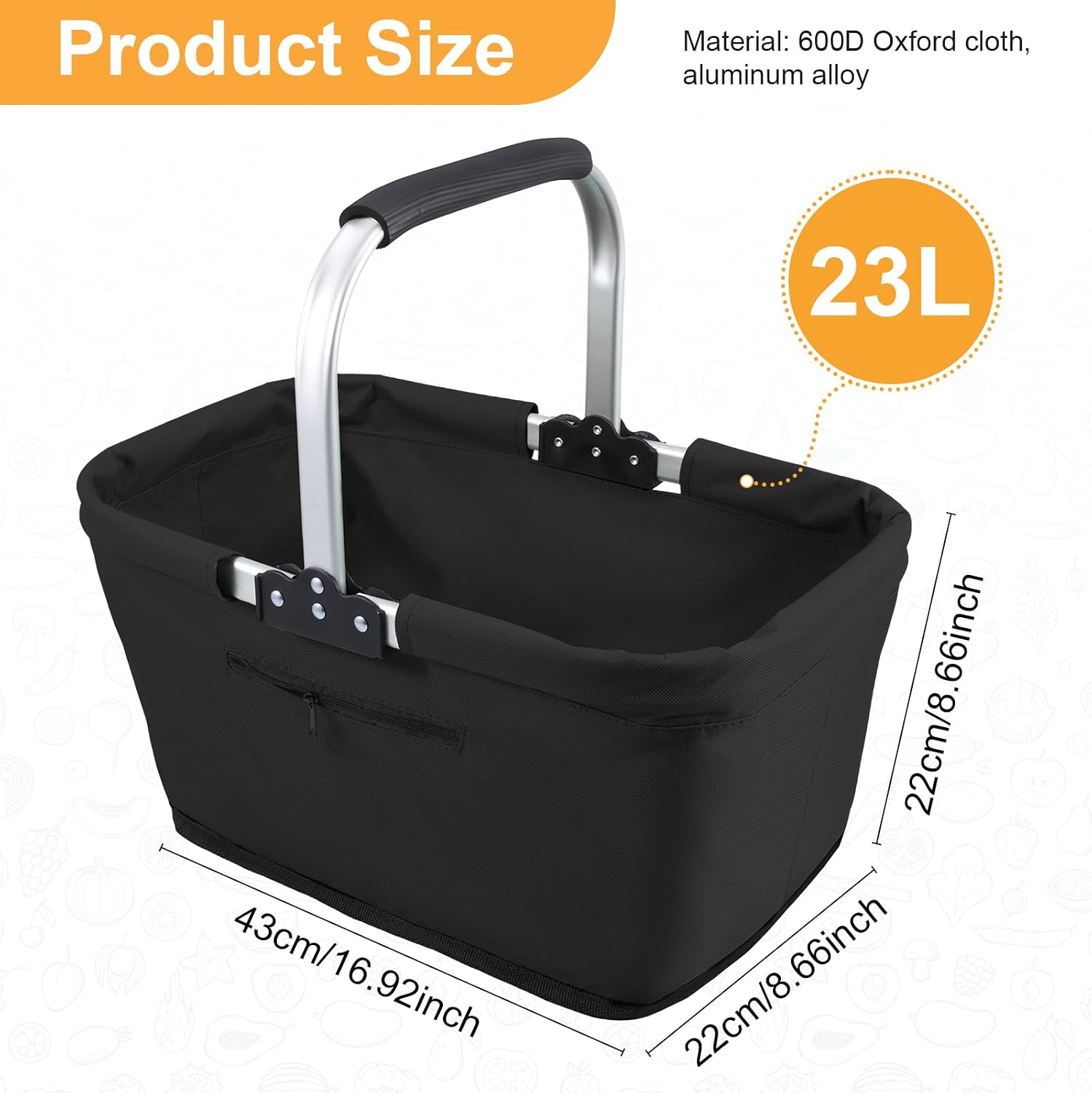 600D Oxford Cloth Picnic Basket with Aluminum Alloy Handle and Zipper Pocket 23L Collapsible Shopping Basket for Picnic Shopping Travel(black) image 4