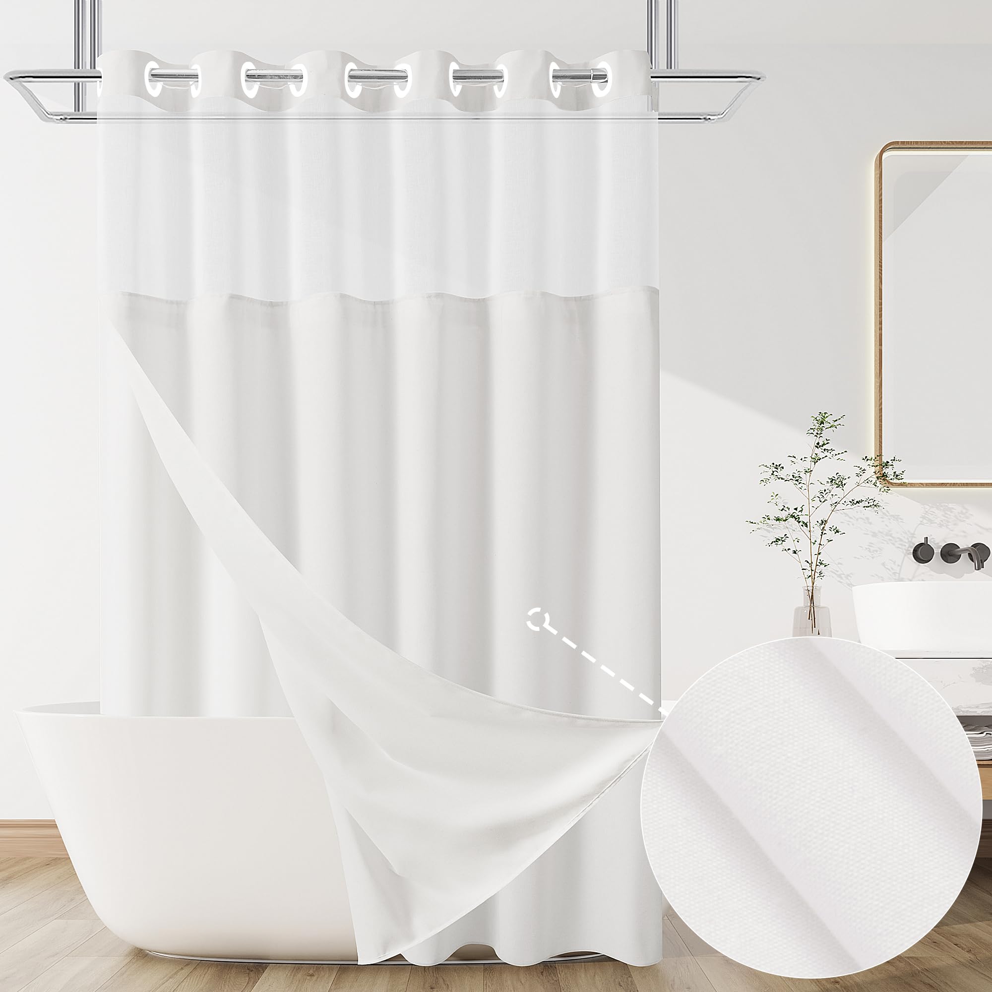 White Linen Cloth Shower Curtain No Hook Shower Curtain and Liner Set Fabric Shower Curtain with Snap in Liner Modern Farmhouse Decor, Double Layers, Mesh Top Window Bathroom Curtain 72x81