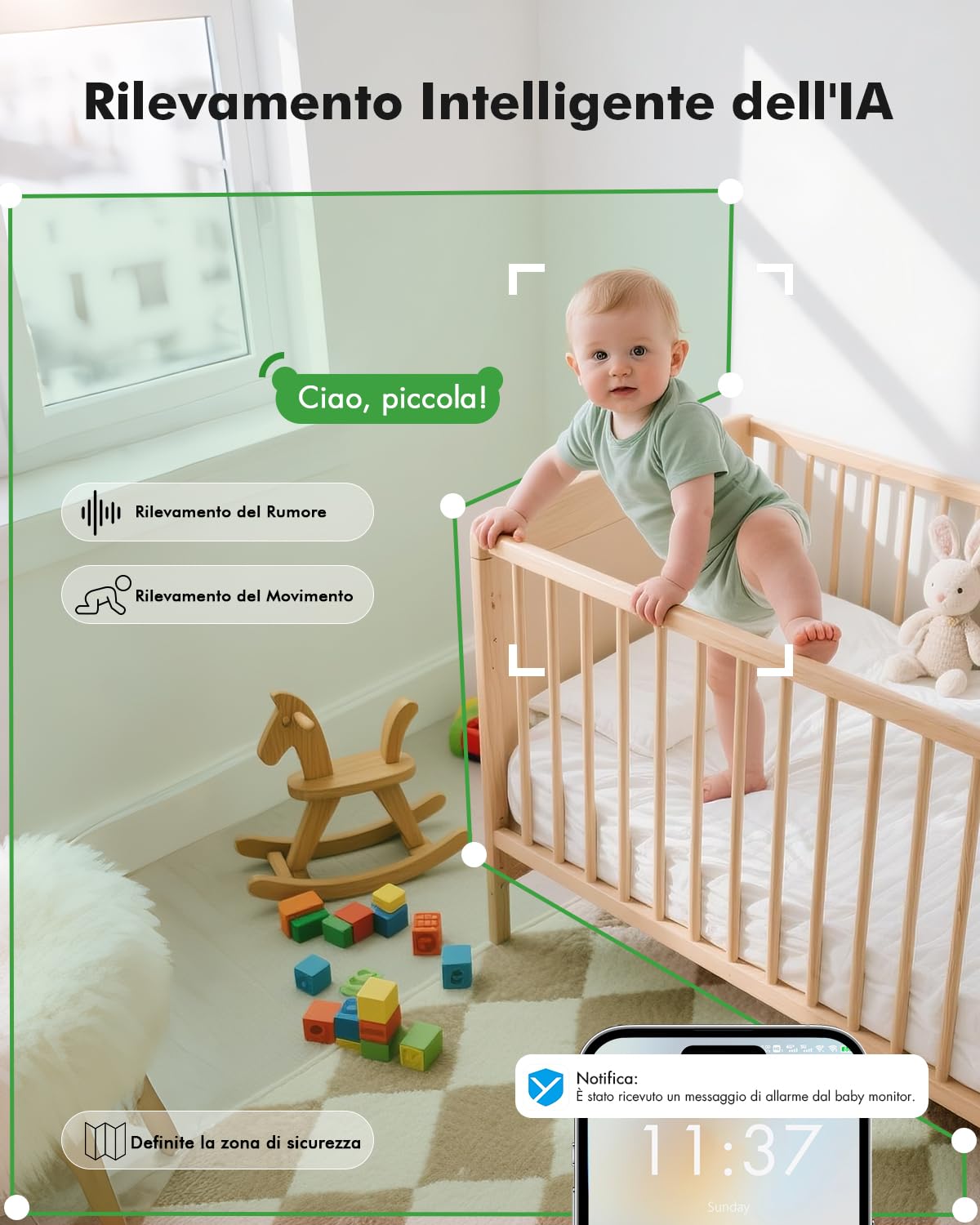 YESIMOM Baby Monitor, 360°PTZ 1080P Telecamera Wi-fi Interno per Bambini Videocamera Sorveglianza Interno per Neonato, Visione Notturna, Rilevamento Intelligente, Luce Notturna & Ninne Nanne