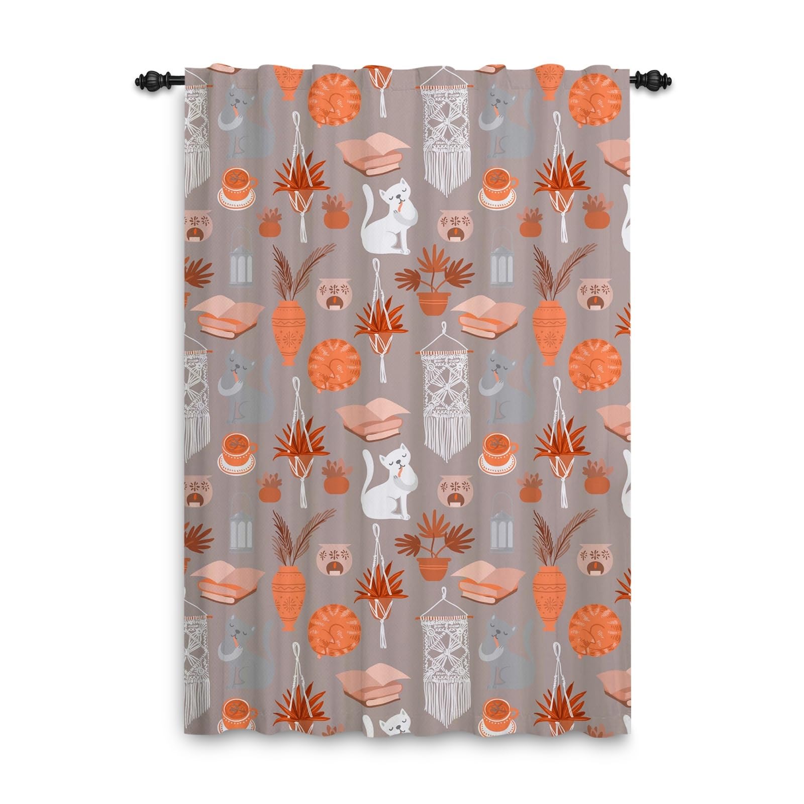 ggaimwf 42"x 63" Pencil Pleat Curtain Bohemian Cute Cat Potted Plants Book Hand Drawing Sweet Hoom Ethnic Exotic Style Light Filtering Linen Look Window Drapes for Bedroom Living Room,1-Single Panel - Image 2