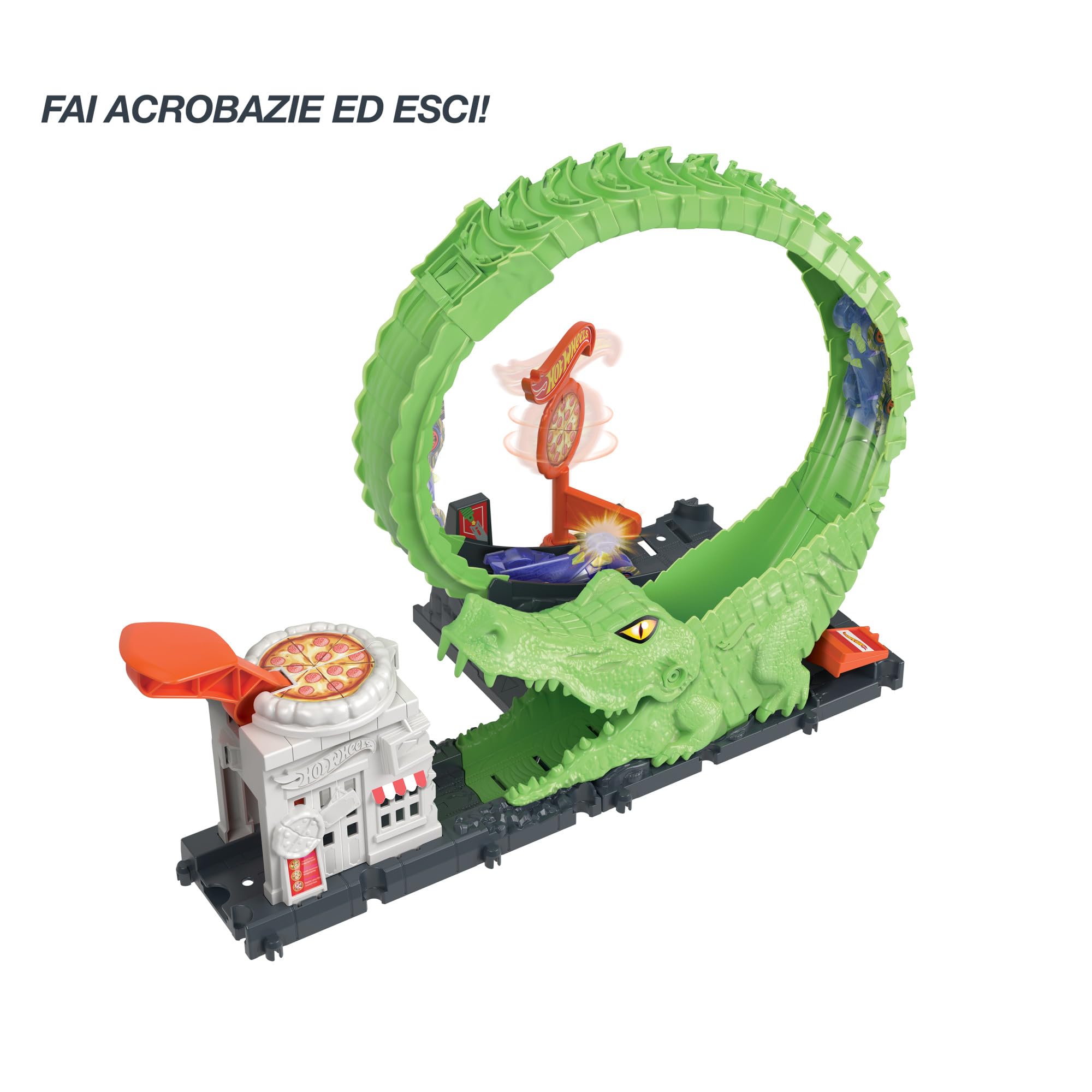 Hot Wheels - Attacco sul Loop del Coccodrillo, Pista con pizzeria e 1 macchinina, Pista Regolabile Che Si collega ad Altri Set, Giocattolo per Bambini 4+ Anni, HKX39