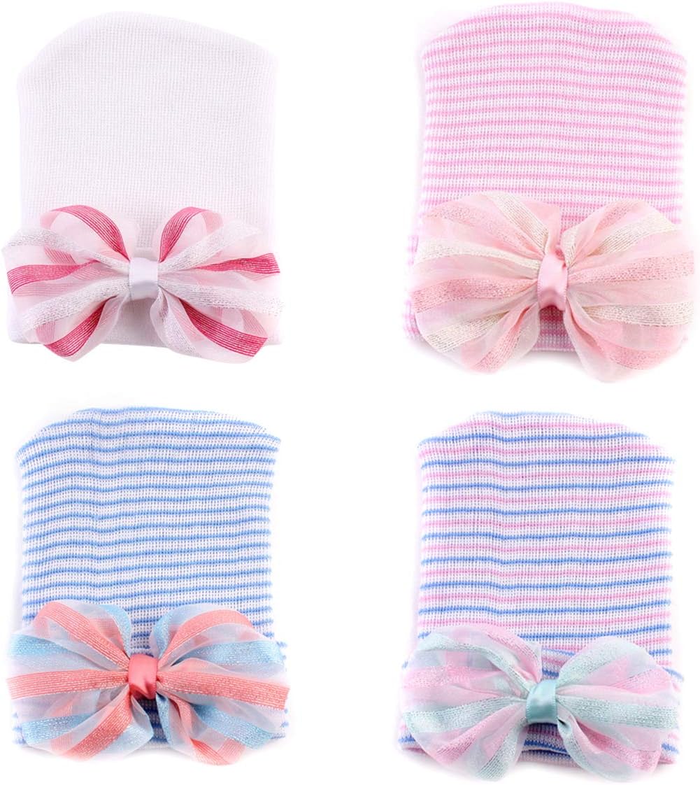 Yinuoday Newborn Baby Hospital hat Infant Nursery Beanie Hat Cap Stripe Knit Cap with Big Bow (4pcs Bowknot)