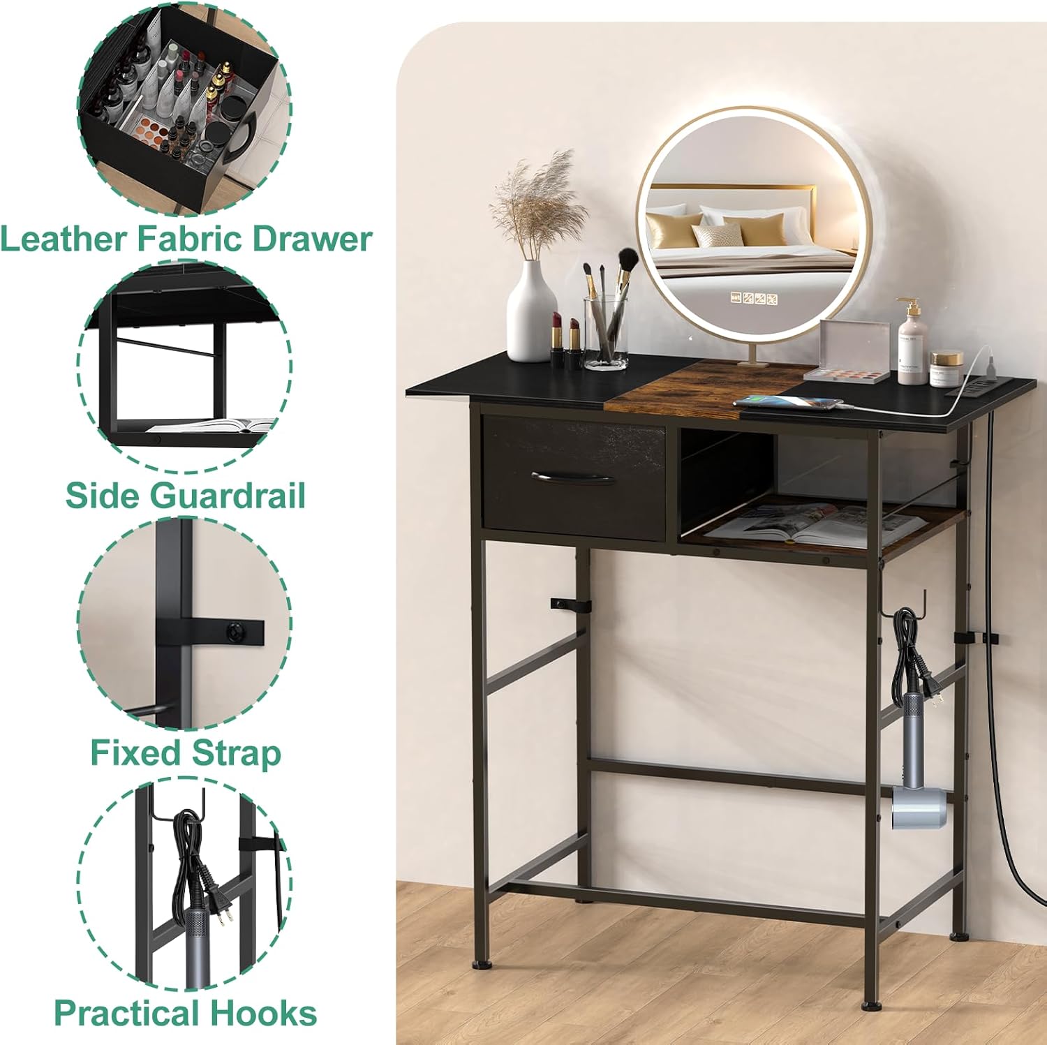 NANANARDOSO Makeup Desk with Charging Station, Small Vanity Table with Drawer & Metal Hook for Bedroom, Dorm Room, Writing Desk No Mirror, Compact Storage Organizer, Black and Brown.