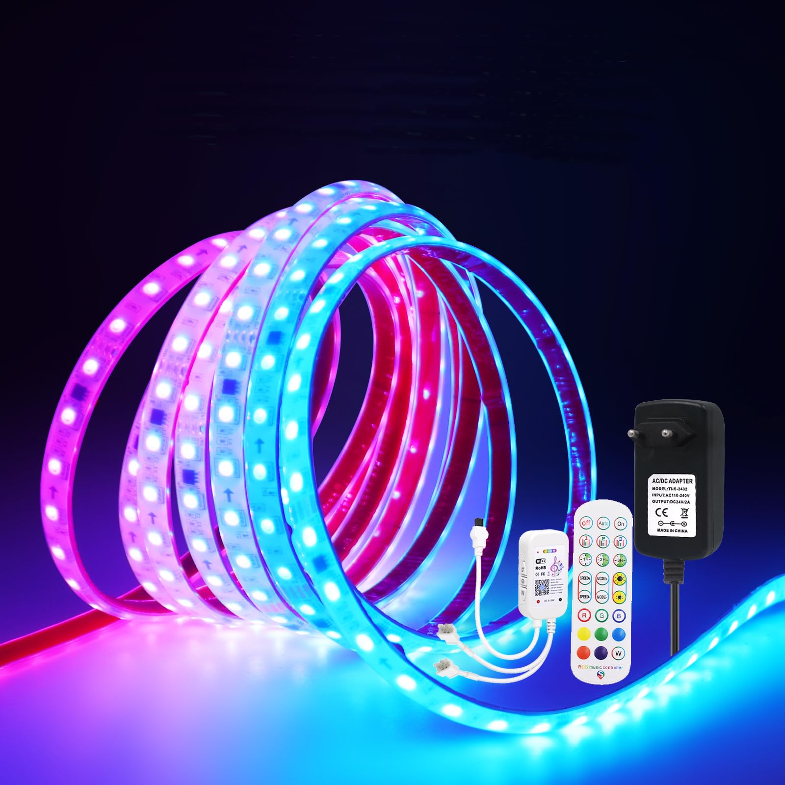 KISUFU 24V WS2811 Tiras LED, 5050 RGB LED Strip Light, 60 Leds/m Flexible IP68 Impermeable Flexible Neón LED Luces con Wifi music 24 teclas ir controlador para Habitación, Sala de Juegos, Fiesta.