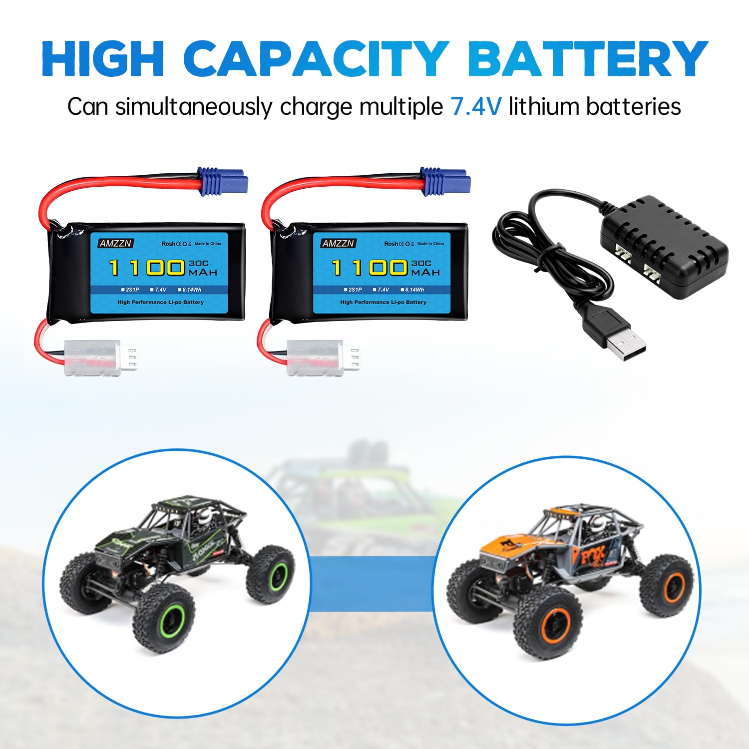 2 Stück 7,4V 1100mAh 2S Lipo Akku EC2 Stecker mit Ladegerät 2-in-1 geeignet für UTB18 RC Fahrzeuge, Ersatzbatterie für Geländefahrzeuge mit Allradantrieb, Hochleistungsbatterie