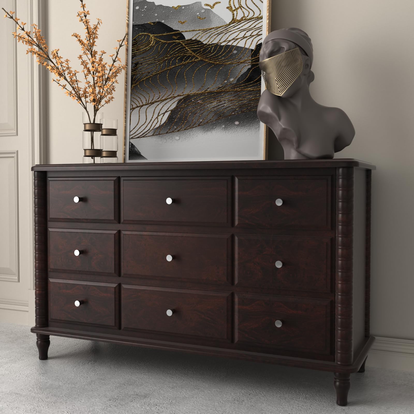 knobs for dark brown dresser Benjara Con 48 Inch Tall 5 Drawer Dresser Chest, Silver Knobs, Cappuccino  Brown