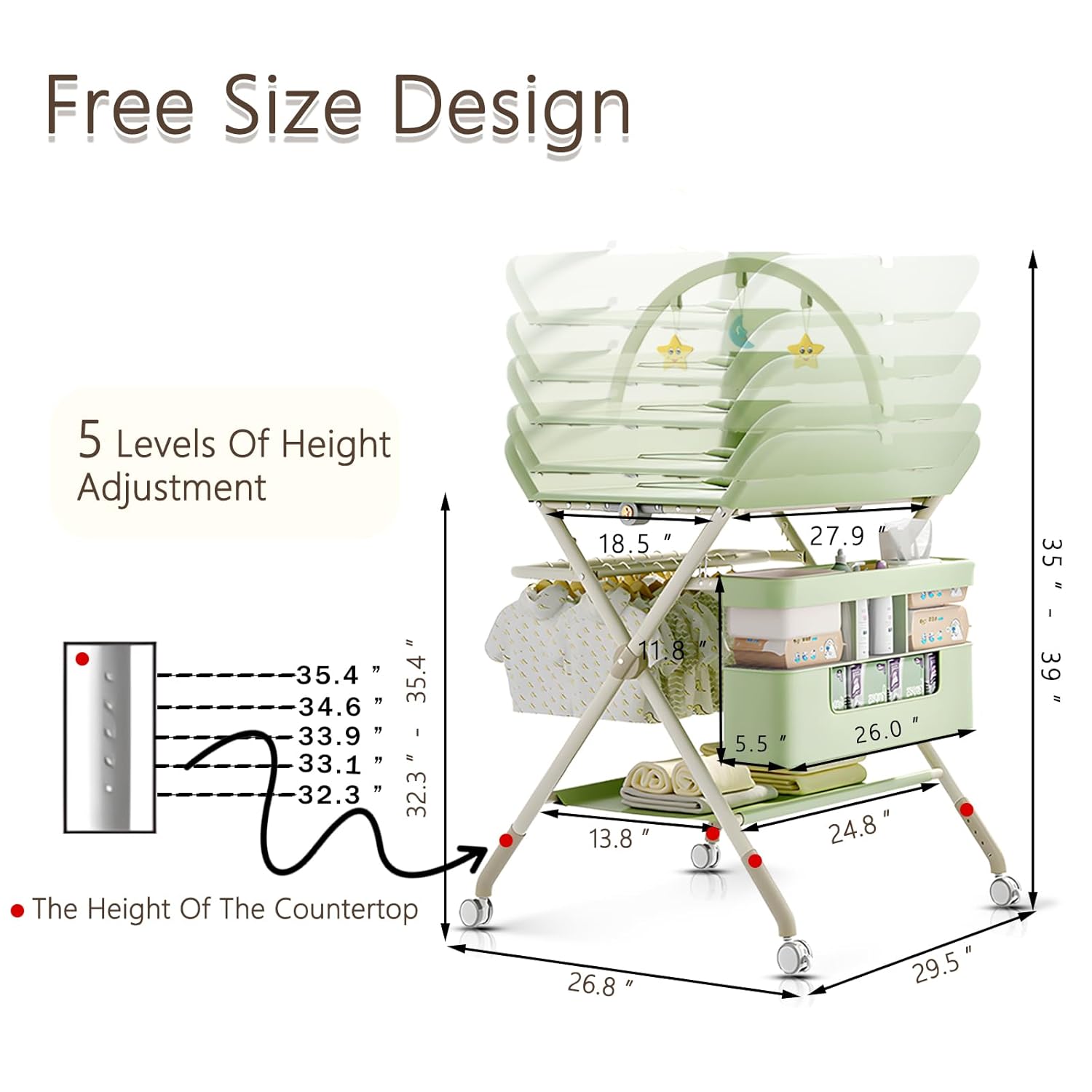 Changing Table, Portable Baby Changing Table with Wheels, Upgraded Foldable Diaper Changing Station with 5-Level Adjustable Height & Large Nursery Organizer Storage for Newborn Infant (Green)
