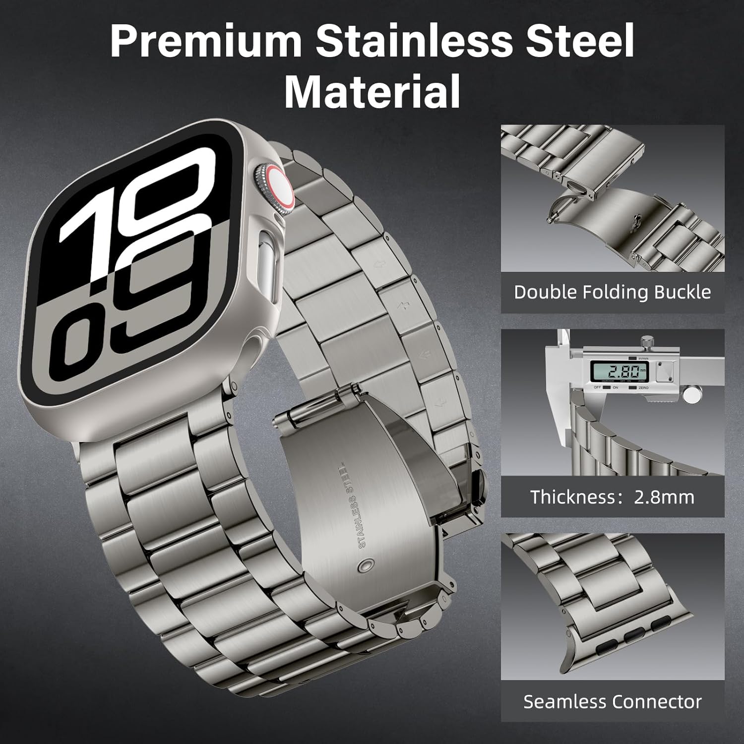 WJK Metal Band Compatible with Apple Watch Bands 45mm For Men Women, Stainless Steel Replacement Strap with 2 Pack Case Screen Protector Compatible for iWatch Series 9/8/7, Titanium