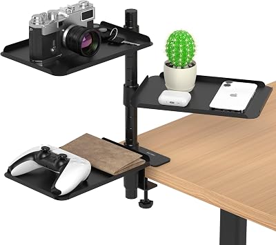 3 Tier Metal Clamp On Desk Shelf - 360 Rotatable Above/Under Table Storage, Adjustable Desktop Organizer for Home Office & Gaming, Storage Tray for Devices & Accessories