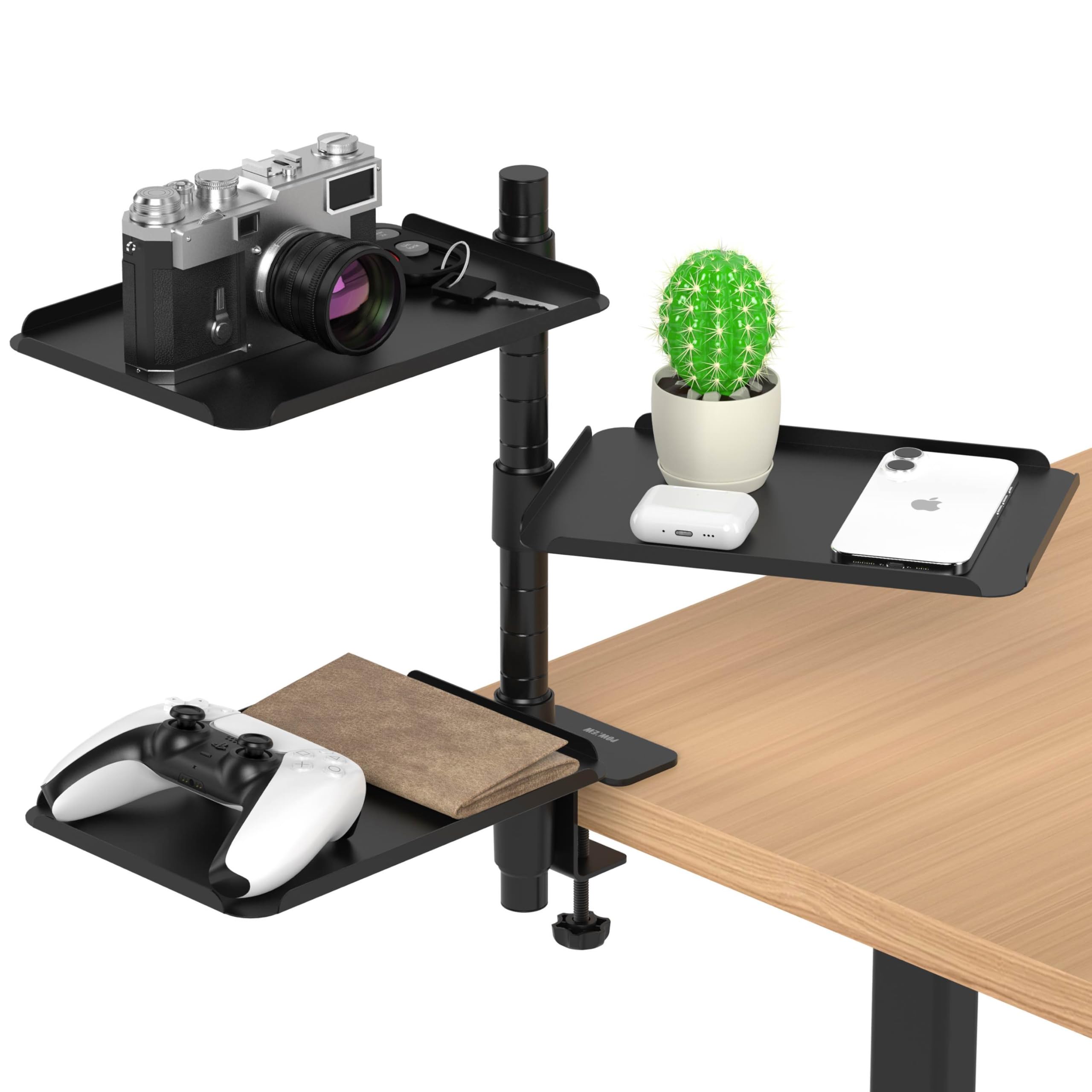 POWNEW 3 Tier Metal Clamp On Desk Shelf - 360° Rotatable Above/Under Table Storage, Adjustable Desktop Organizer for Home Office & Gaming, Storage Tray for Devices & Accessories