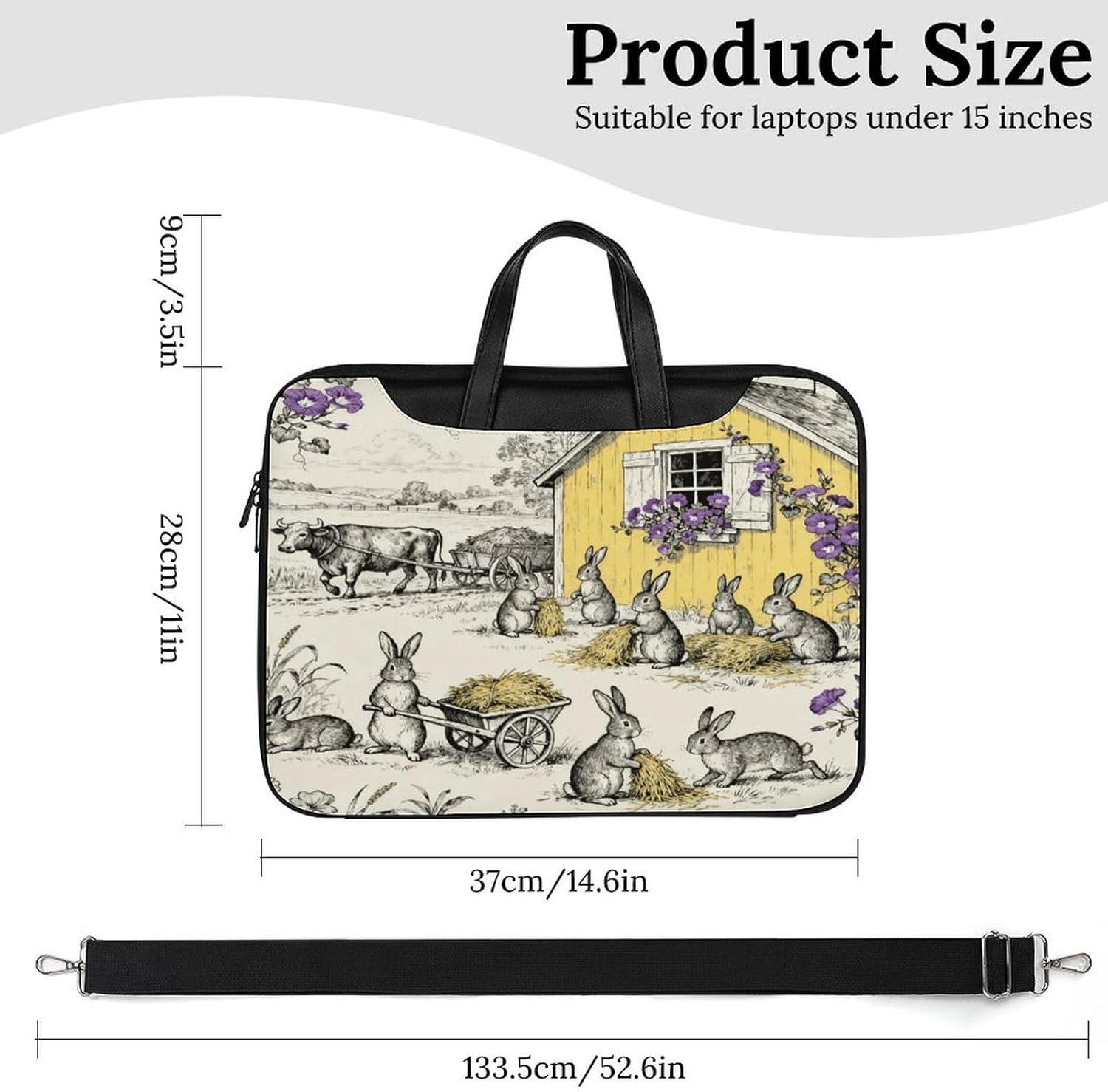 Hop Bloom Bunny Toile 37x28cm Black-style Laptop Bag Leather Tablet Computer Briefcase Large Capacity Work Business Tote Bags for Office