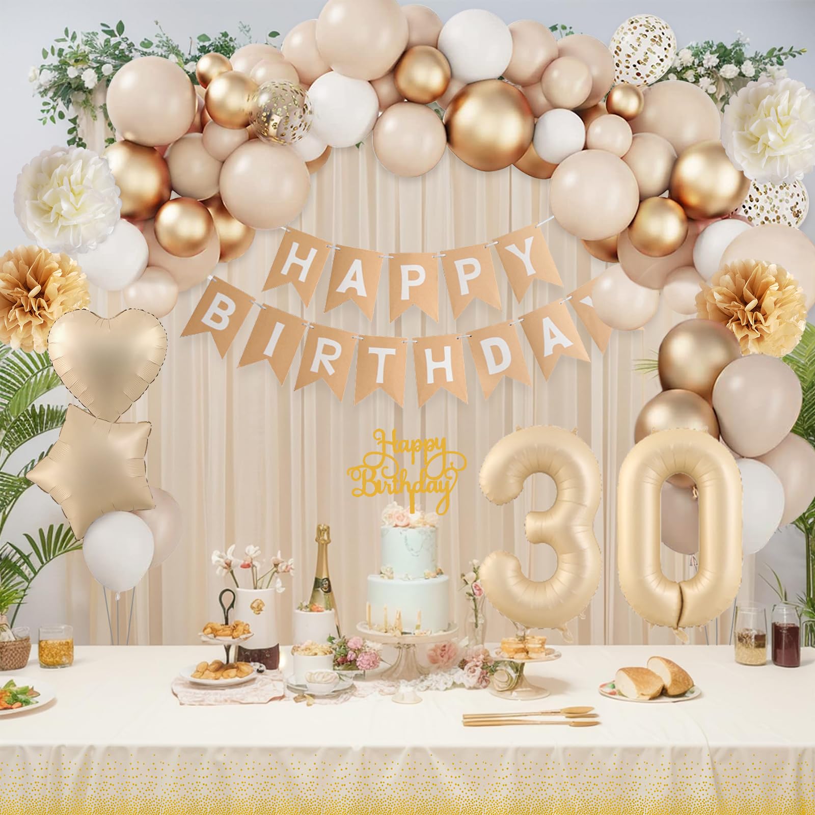 Globos 30 Cumpleaños Mujer, 30 Años Decoracion Cumpleaños, Decoracion 30 Cumpleaños Globes Beige con Pancarta Feliz Manteles para 30 Años Decoración de Fiesta de Cumpleaños Mujer — view 7