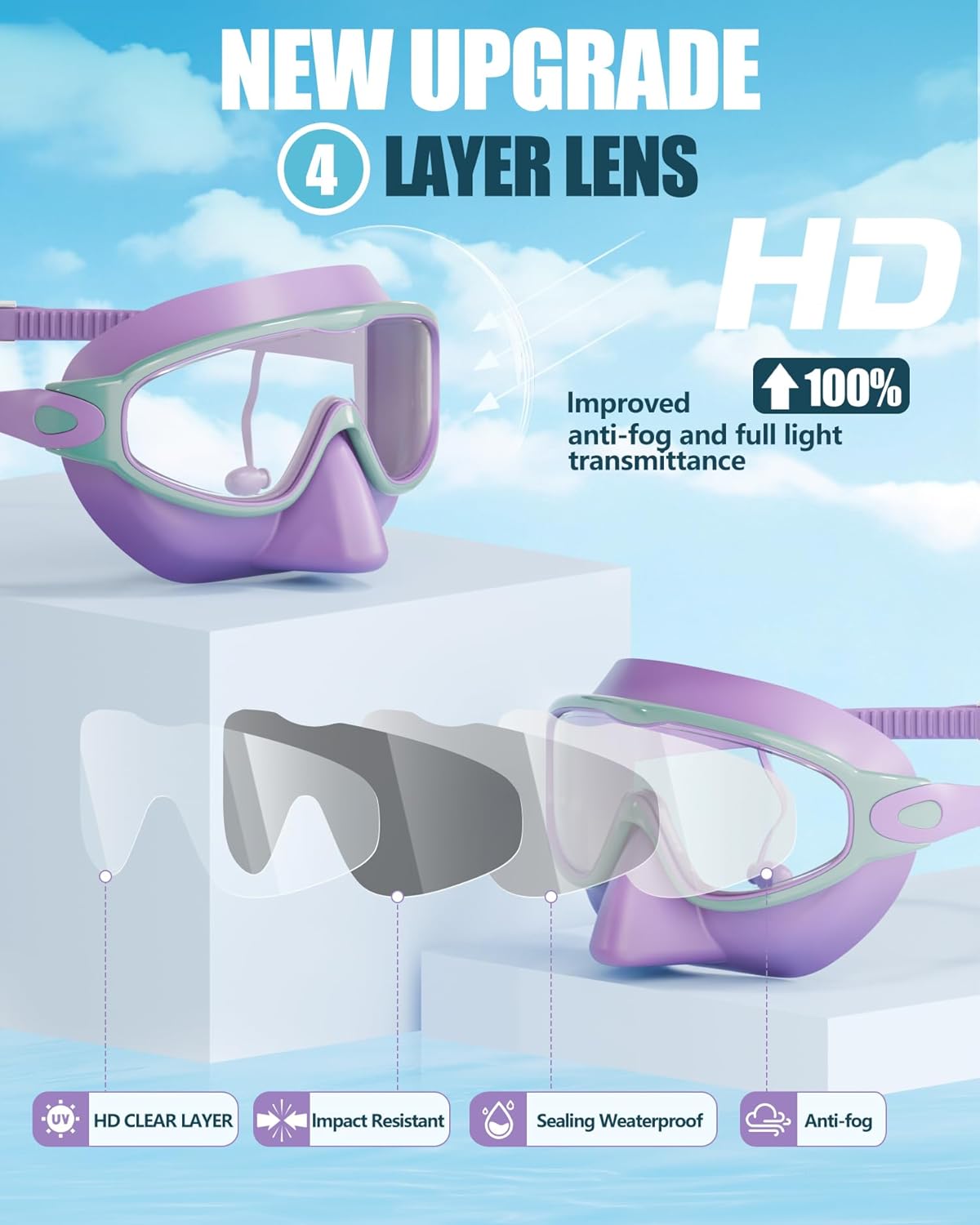 Aegend Swim Goggles with Nose Cover, 2 Pack Wide View Swimming Mask Anti-Fog/UV