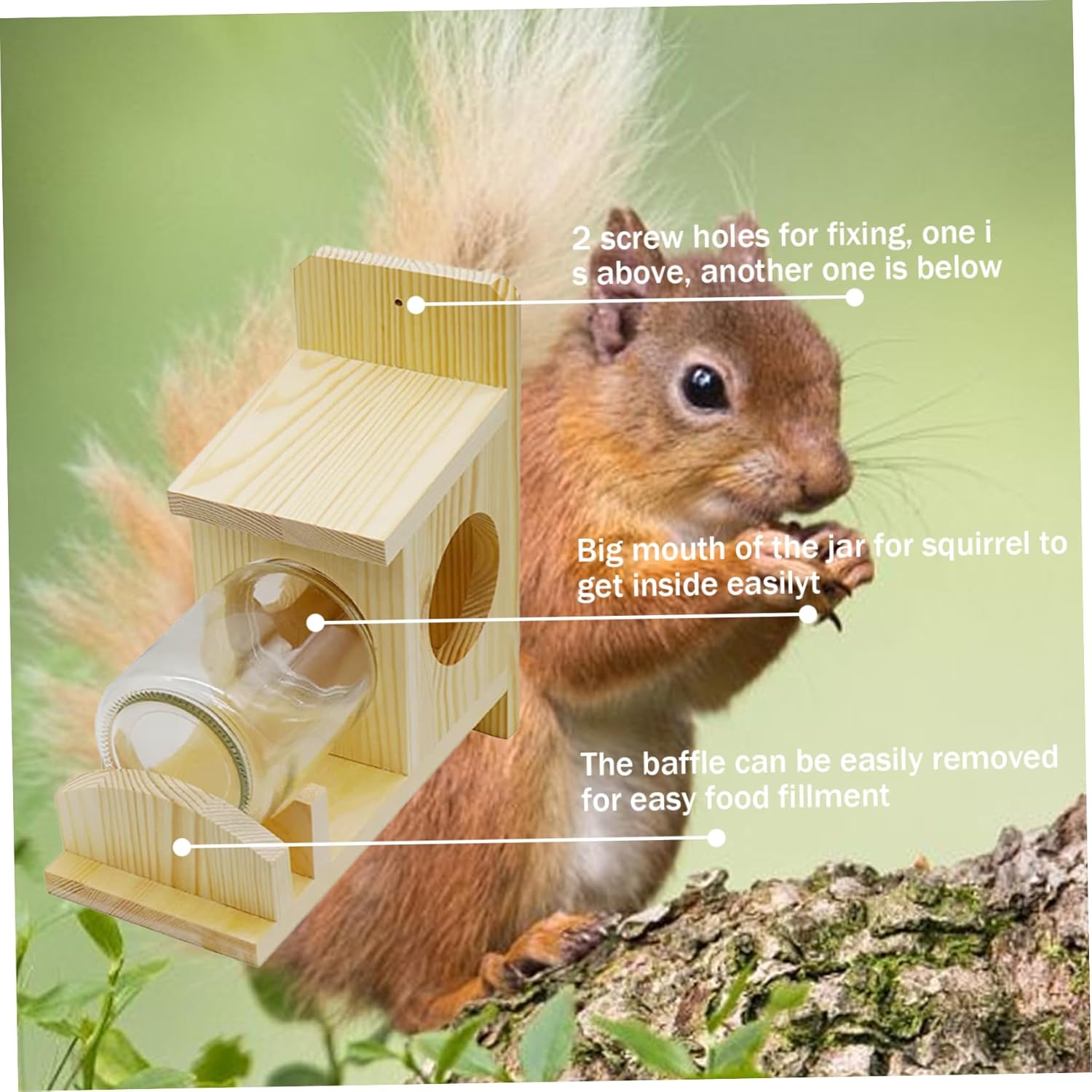 Squirrel Feeder Natural Wooden Squirrel Feeders for Outside Glass Jar House with Removable Front Panel Picnic Table Feed