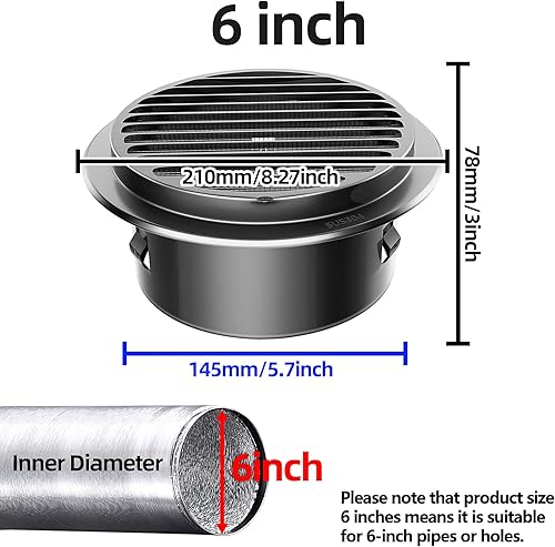 Miniatura 4 de Cubierta de ventilación de acero inoxidable 304 grueso de 6 pulgadas, cubierta de rejilla de ventilación con rejillas de ventilación, ventilación de
