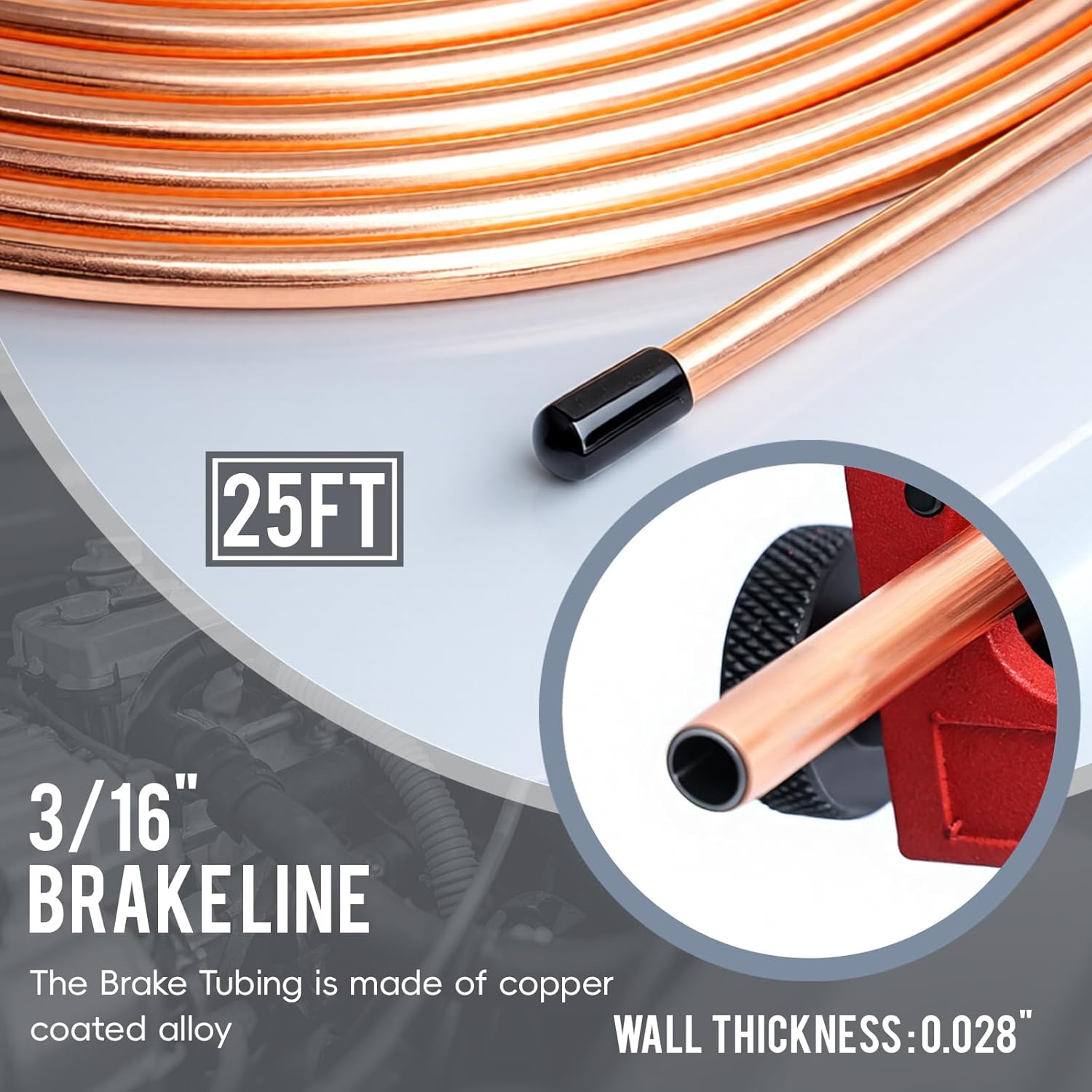 25ft 3/16'' The Latest Copper Coated Brake Line Kit with 16 Fittings and 4 Unions Brake Line Fittings+Double & Single Flaring Tool Kit for Most Hydraulic Braking Systems