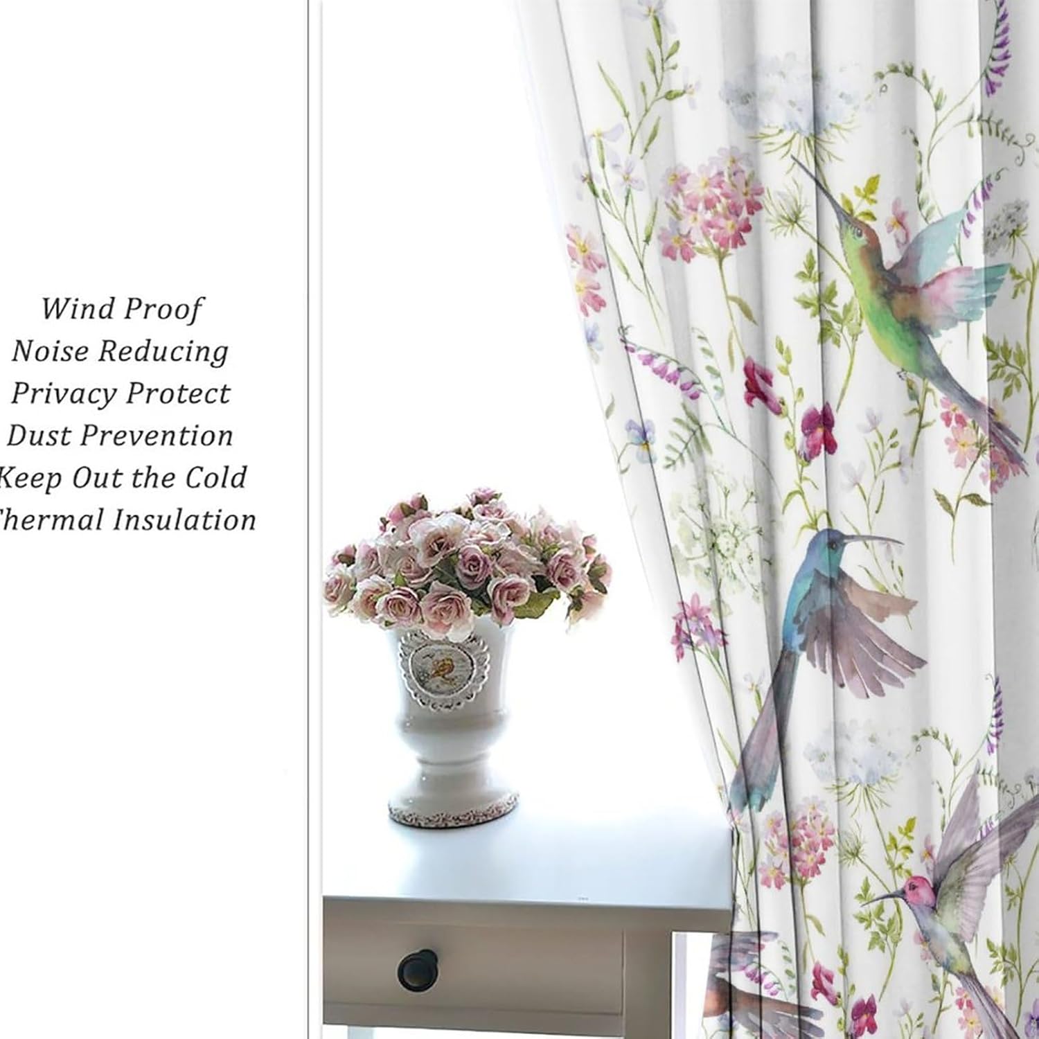 Wildflower Hummingbird Curtains Vintage Nature Bird Garden Spring Floral Thermal Insulated Darkening Full Room Curtains for Living Room Grommet Window Treatment 2 Panels 45" L x 21" W