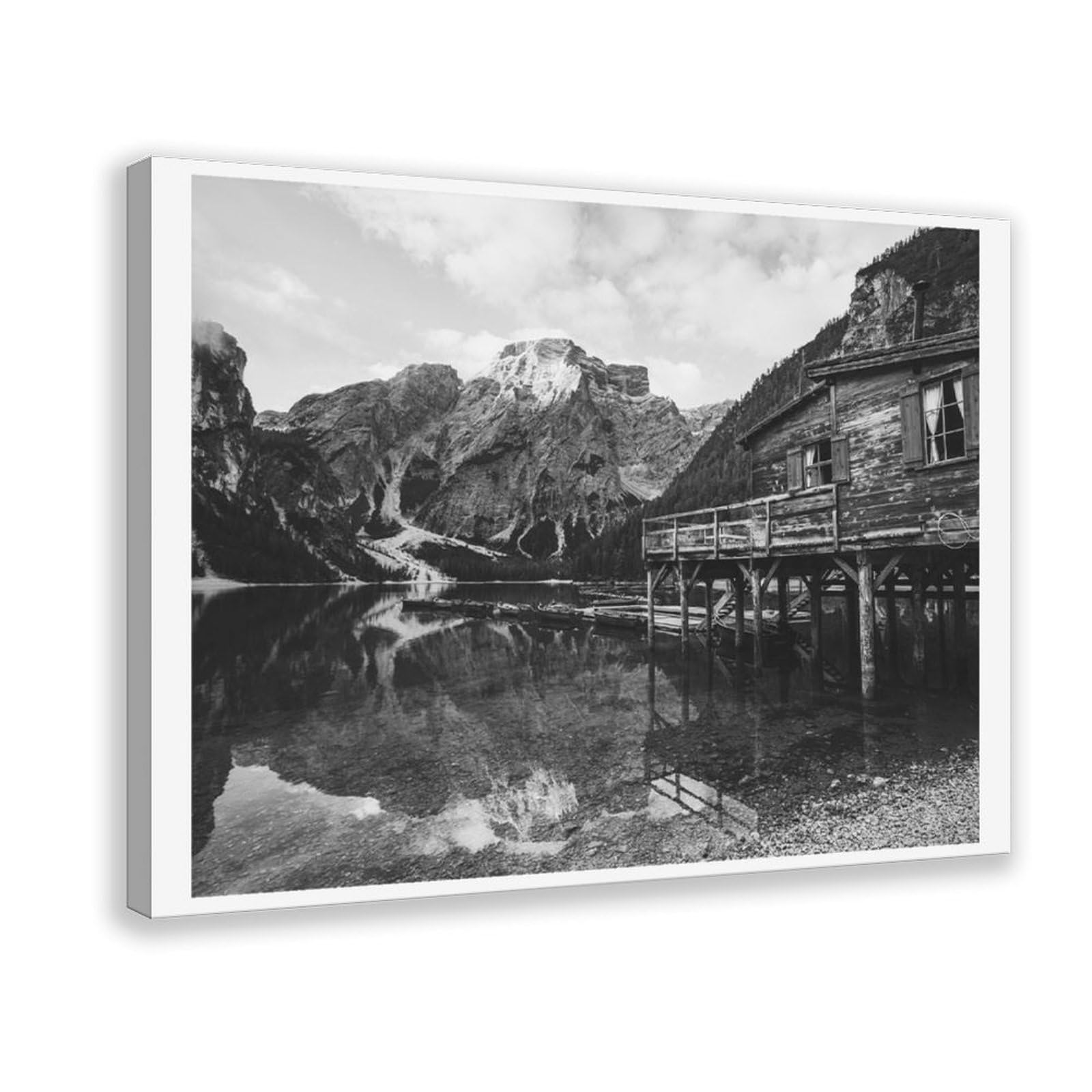 HEYANM Dolomites Boathouse Black And White Print Alps Lake Moody Mountain Cabin Wall Art Canvas Poster Wall Art Paintings for Living Room Bedroom Decoration Frame 20x30inch