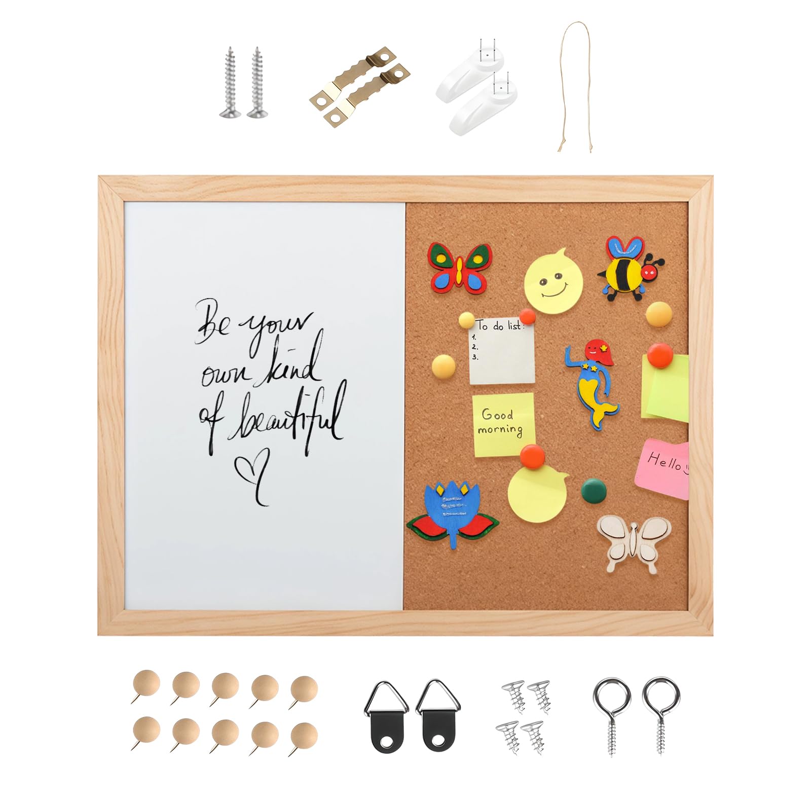 Corkboard & Whiteboard Set, Magnetic Bulletin Board with Solid Wood Frame, Mounting Hardware, Whiteboard Markers & Eraser, Vision Boards & Notice Boards in Offices, Classrooms, Homes (40 * 60cm)
