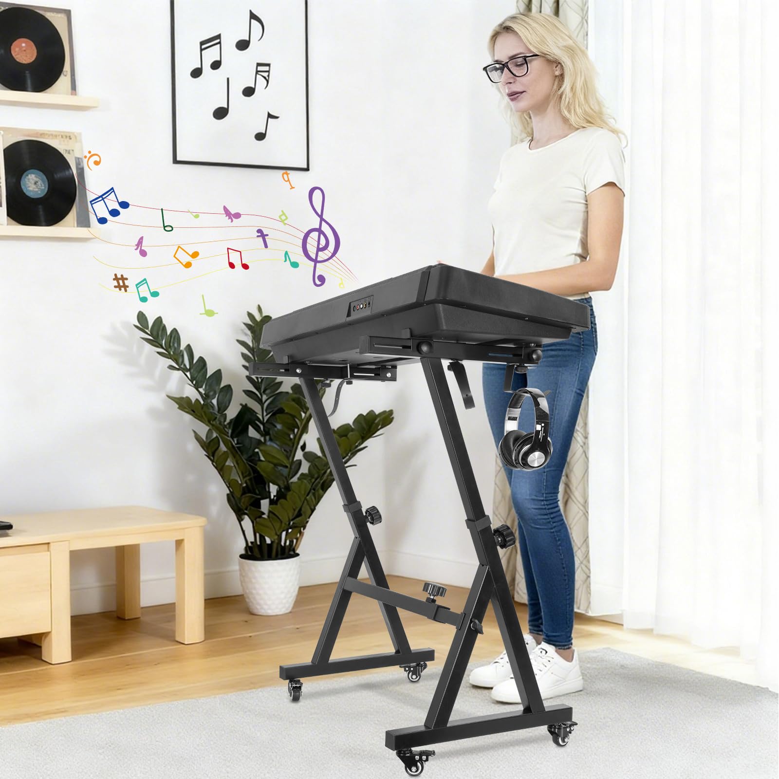 Keyboardständer, Z-Form Klavierständer, Robuster &Tragbarer Digitalpianoständer, Verstellbarer Klavierständer mit 4 Rollen & Kopfhörerhaken,Geeignet für Digitalpianos mit 54-88 Tasten, Schwarz
