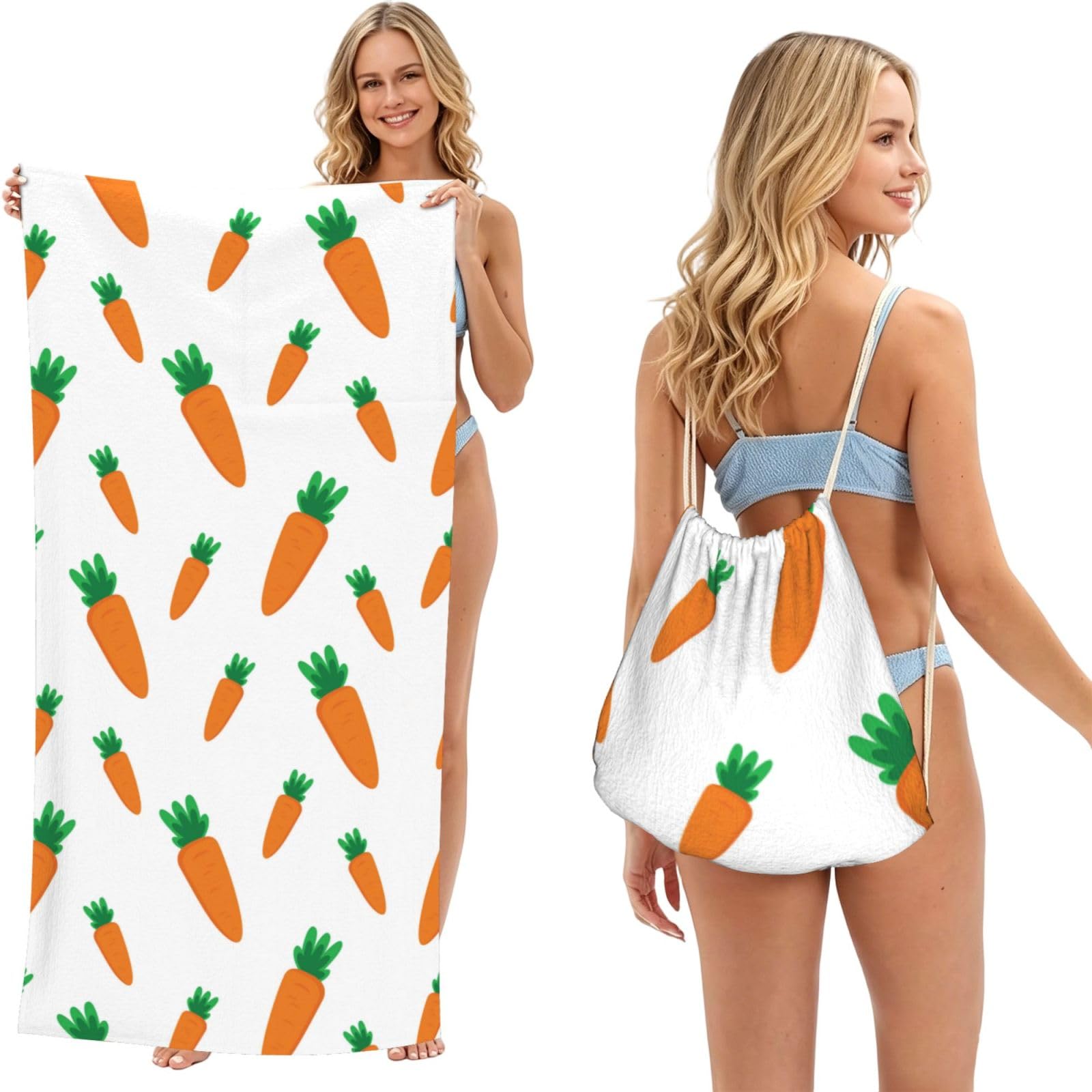 Poadnly As Picture Watercolor Carrots Pattern, 2 In 1 Packable Towel Bag, Beach Towels With Drawstring Backpack For Travel Holiday Camping