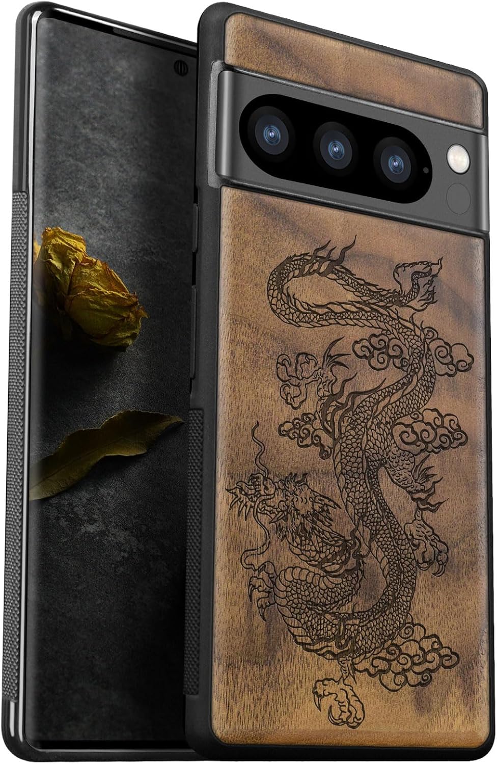 Carveit Wood Case for Pixel 8 Pro Case [Natural Wood & Black Soft TPU] Shockproof Protective Unique Wooden Cover Compatible with Google Pixel 8 Pro (Majestic Chinese Dragon-Walnut)