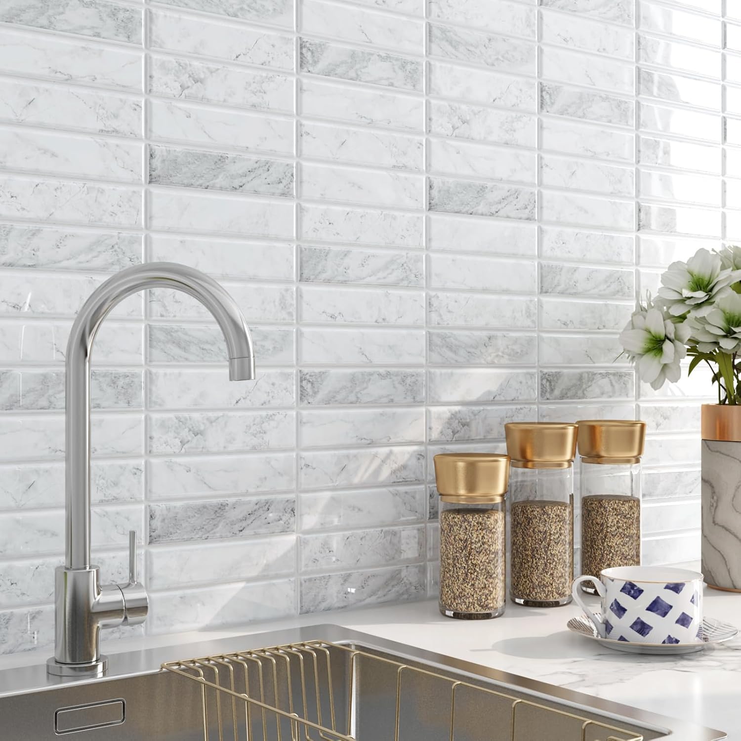 FunStick 30CMx30CM 30 Pezzi Rivestimento Piastrelle Cucina Adesivo Effetto Marmo Impermeabile Pannello Paraschizzi Cucina Adesivo Bianco Grigio Adesivi Murali 3D Piastrelle Adesive Bagno Mattonelle