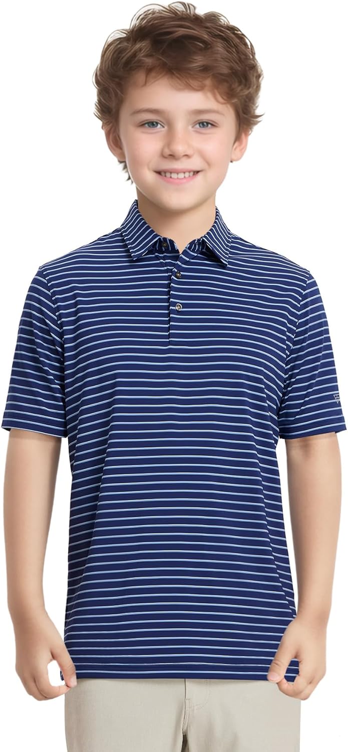 M MAELREG Boys' Polo Shirt Striped Short Sleeve Moisture Wicking Performance Stretch Active Casual Collared Kids Golf Shirt - Image 2